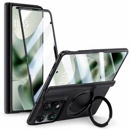 Dteck - For Moto Razr Fold (2026) Hinge Protection Magnetic Ring Stand Foldable Shockproof Rugged Case Built-in Screen Protector - Black(HD Clear Film)