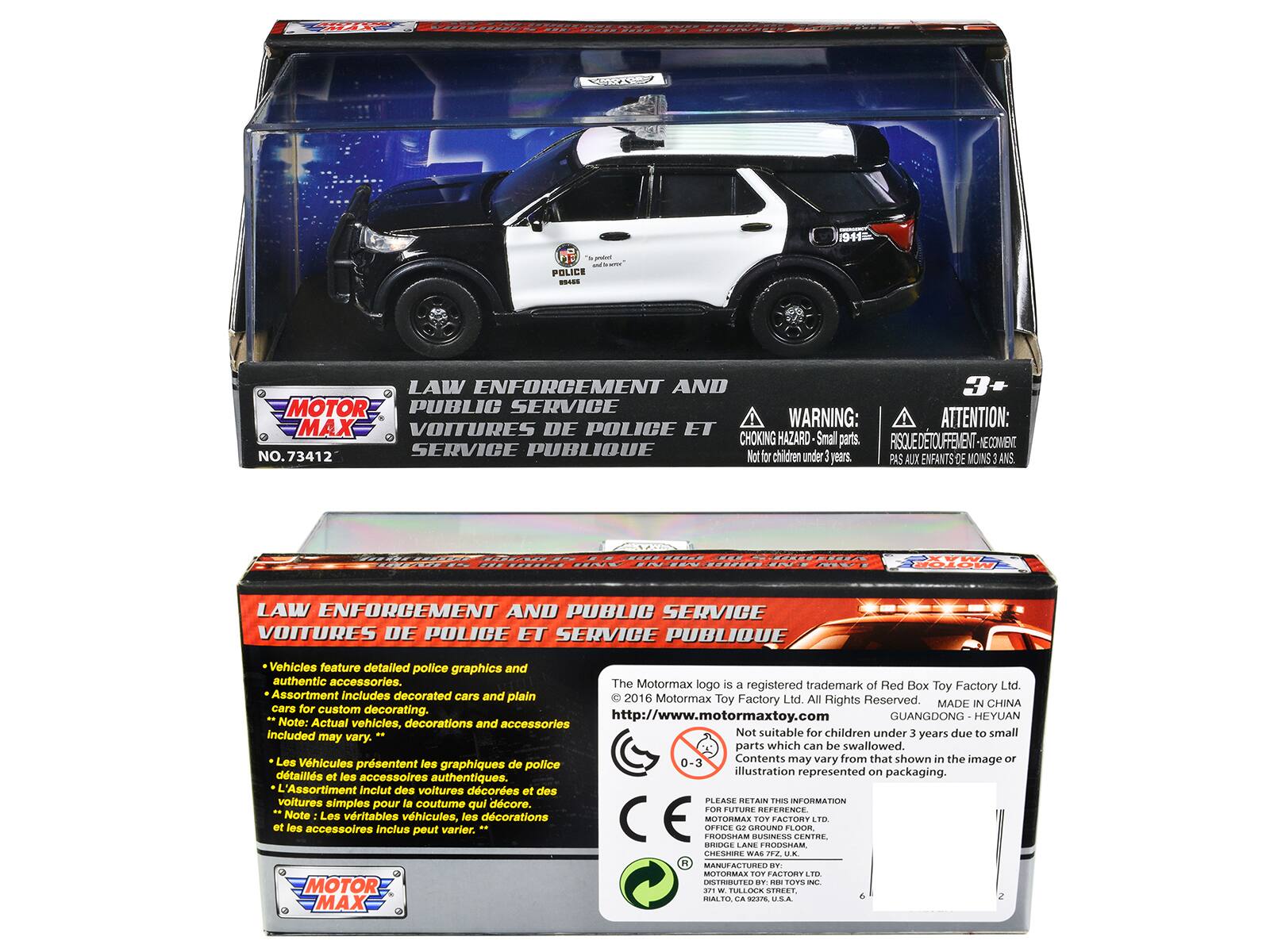 25 1941 wprnt POLICE SSISS LAW ENFORCEMENT AND 3- MOTOR PUBLIC SERVICE WARNING: ATTENTION: MAX VOITURES DE POLICE ET CHOKING HAZARD Smal parts. RSQUEDNOUFEMENT NECOMENT NO.73412 SERVICE PUBLIQUE otfor children under years PAS AUX ENFANTS-D VOINS ANS UNL EN P MOTOR LAW ENFORCEMENT AND PUBLIC SERVICE VOITURES DE POLICE ET SERVICE PUBLIQUE Vehicles feature detailed police graphics and authentic accessories. The Motormax logo registered trademark of Red Box Ltd. Toy Factory Assortment Includes decorated cars and plain 2016 Motormax Toy Ltd. All Reserved Factory Rights MADE IN CHINA cars for custom decorating. http://www.motormaxtoy.com GUANGDONG HEYUAN Note: Actual vehicles, decorations and accessories included Not suitable for children under years due small may vary. parts which can be swallowed. Les 0-3 Contents may vary from that shown the image Vhicules prsentent les graphiques de police illustration represented on packaging. dtaills les acces