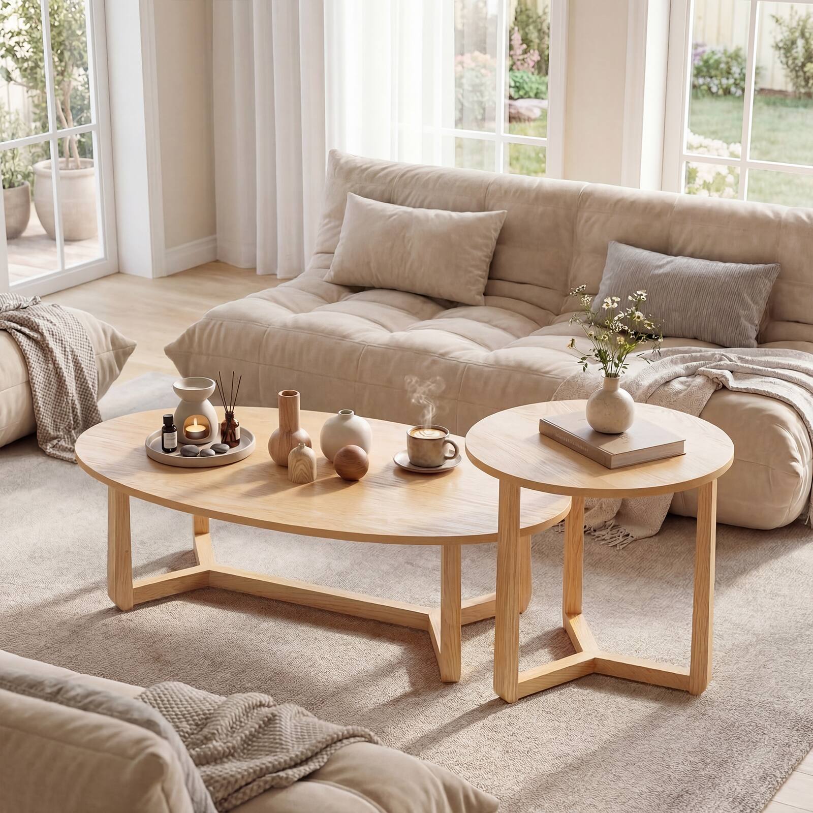 Alt View 3. Costway - Costway Nesting Coffee Table Set of 2 Oval Accent Table & Round Sofa Side Table - Natural.