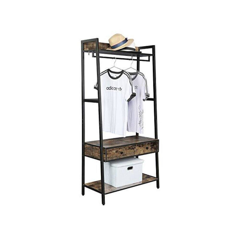 Alt View 2. JJS - Industrial Rustic Hall Tree Shoe Bench With Storage Drawers And Shelf - Rustic Brown.