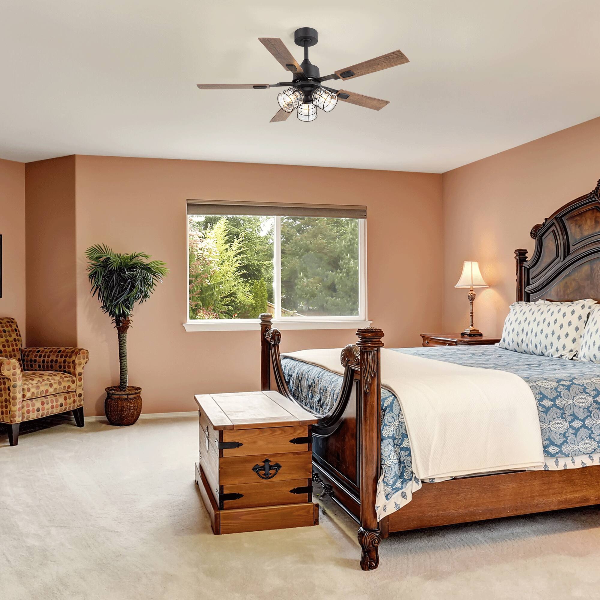 Alt View 1. Breezary - 52 Inch Ceiling Fan with 5 Dual-Finish Plywood Blades, DC Motor, 6-Inch Downrod, 6-Speed Remote Control & Timer - Matte Black and Dark Wood Grain + Light Wood Grain.