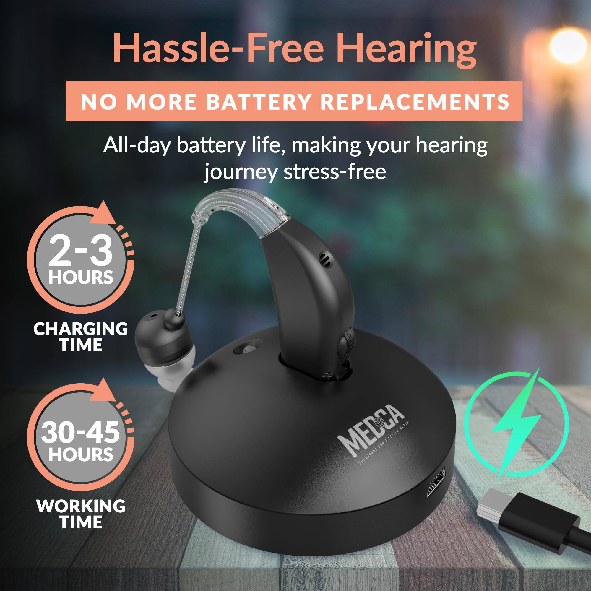 Hassle-Free Hearing

NO MORE BATTERY REPLACEMENTS

All-day battery life, making your hearing journey stress-free

2-3 HOURS CHARGING TIME

30-45 HOURS WORKING TIME

MEDCA