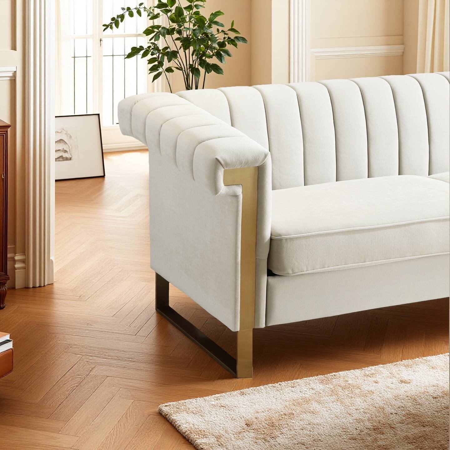 Alt View 2. Anysun - Modern 3-Seat Cream Velvet Sofa with Gold Accents - Channel-Tufted for Living Room & Office. - White.