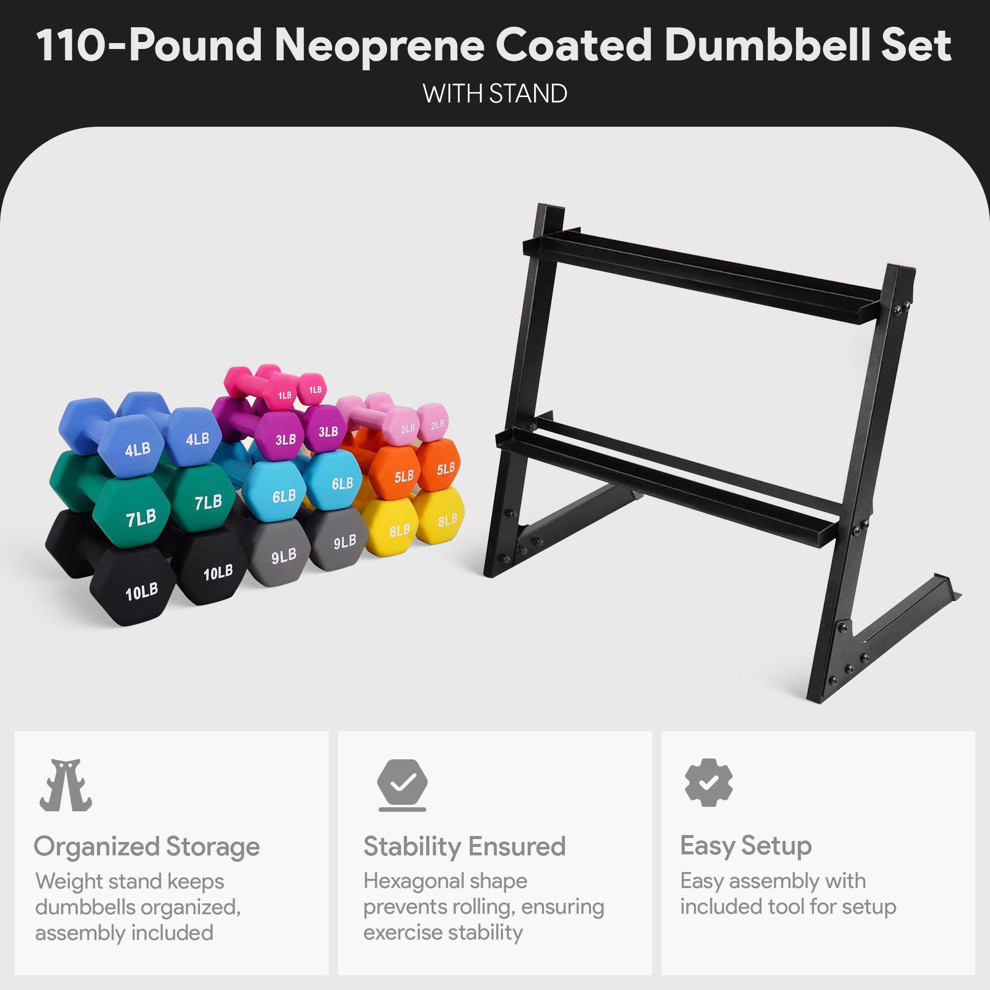 110-Pound Neoprene Coated Dumbbell Set WITH STAND

4LB 7LB 10LB 4LB 7LB 10LB 3LB 6LB 9LB 3LB 6LB 9LB 2LB 5LB 8LB

Organized Storage
Weight stand keeps dumbbells organized, assembly included

Stability Ensured
Hexagonal shape prevents rolling, ensuring exercise stability

Easy Setup
Easy assembly with included tool for setup