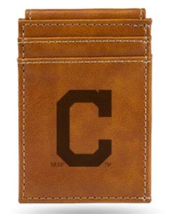 Front. Rico Industries - Cleveland Indians Baseball Laser Engraved Brown Front Pocket Wallet / Money Clip - Multi.