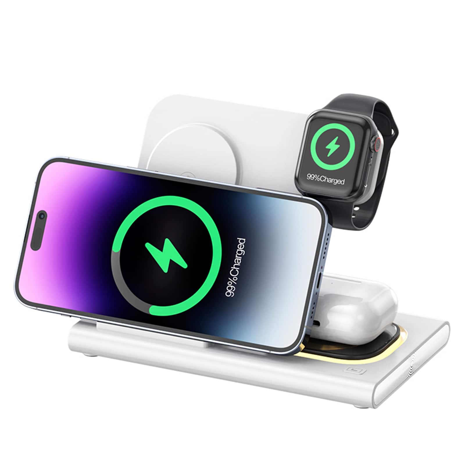 Topteng - 3-in-1 Foldable Charging Station - Wireless Charger for iPhone, iWatch, AirPods with Night Light - White