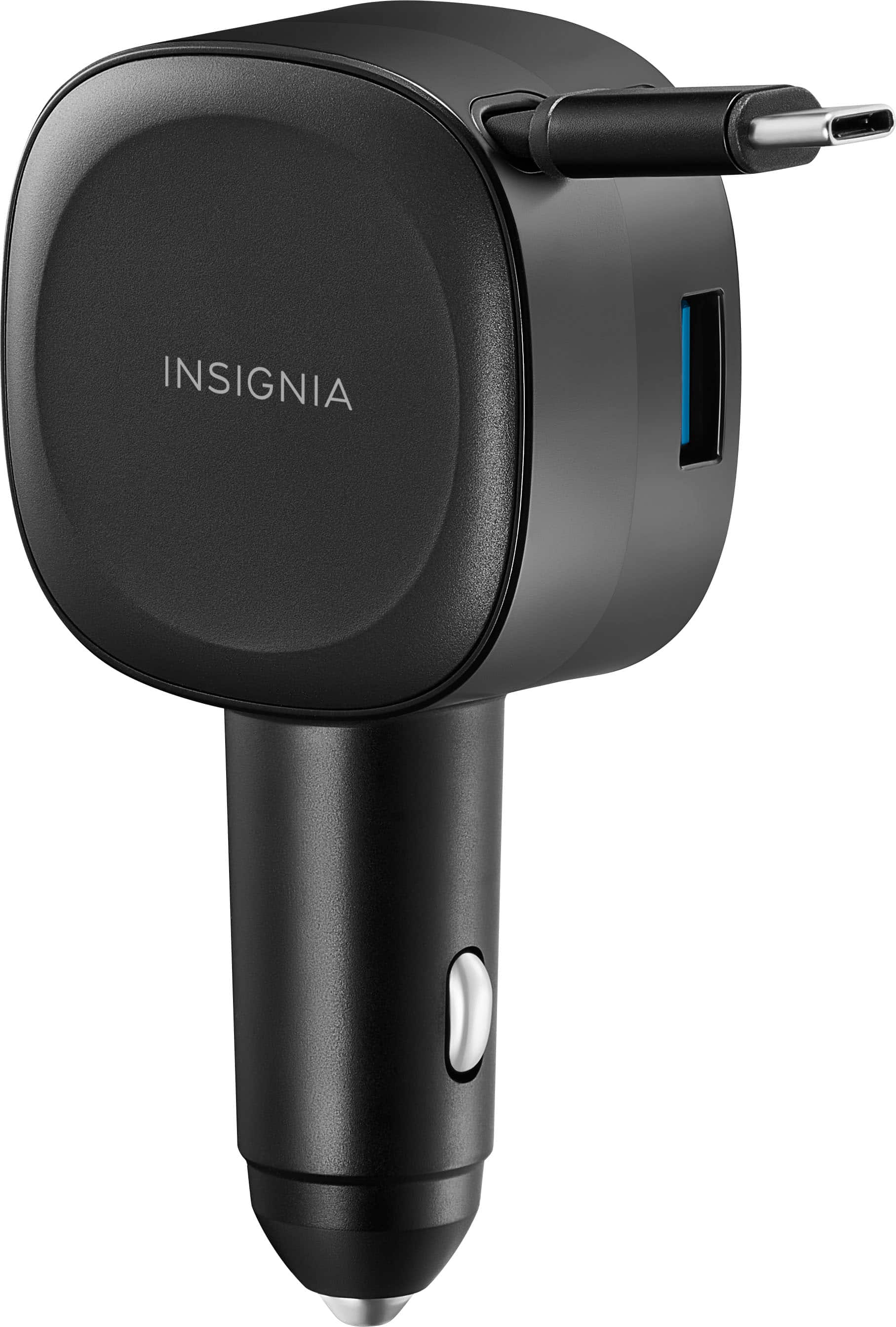 Front. Insignia™ - 75W 2.3 ft. Retractable Car Charger for Smartphones, Tablets, and More - Black.