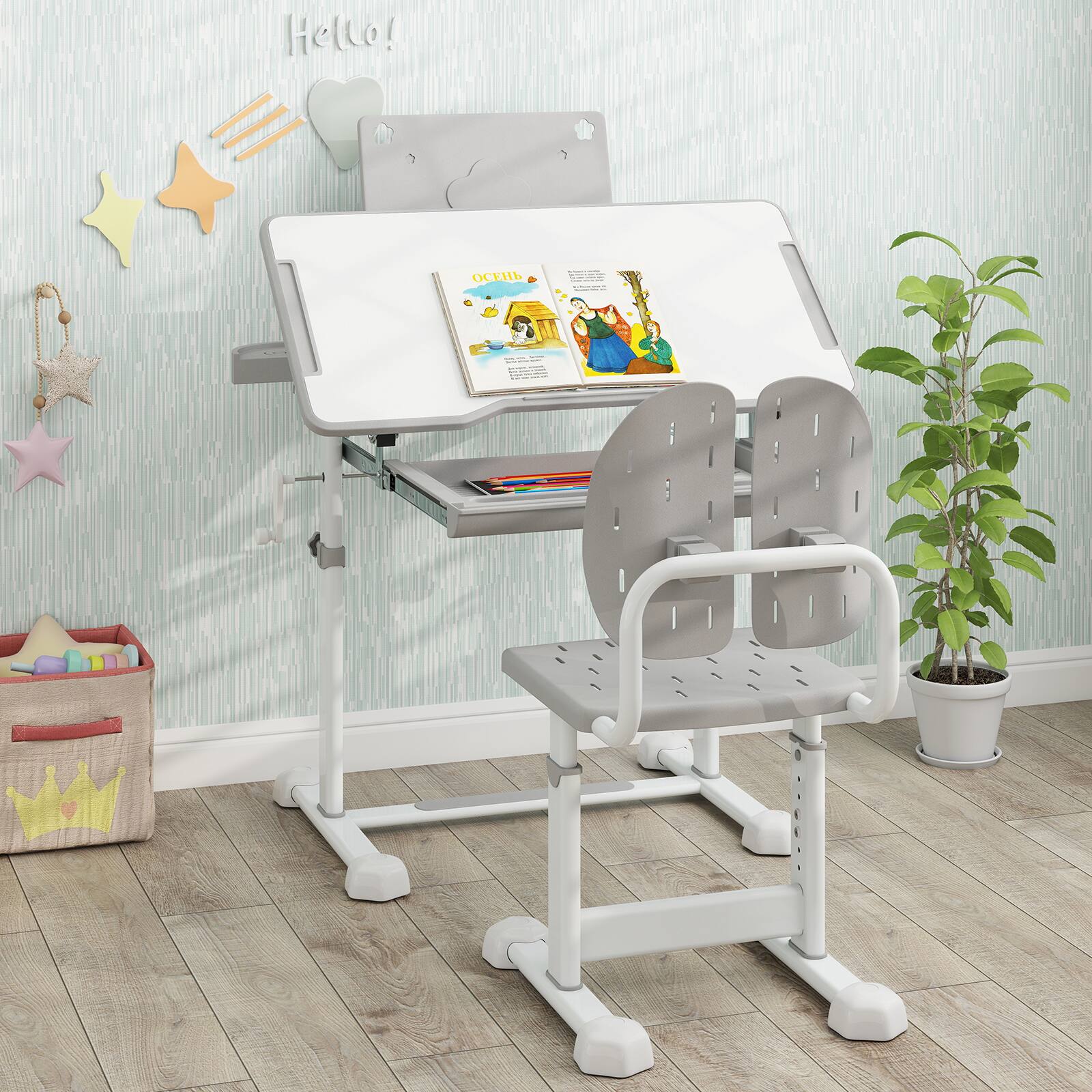 Alt View 4. Gymax - Gymax Kid's Study Desk & Chair Set w/Tilt Desktop Book Stand Footrest Bar for Toddlers Grey - Grey.