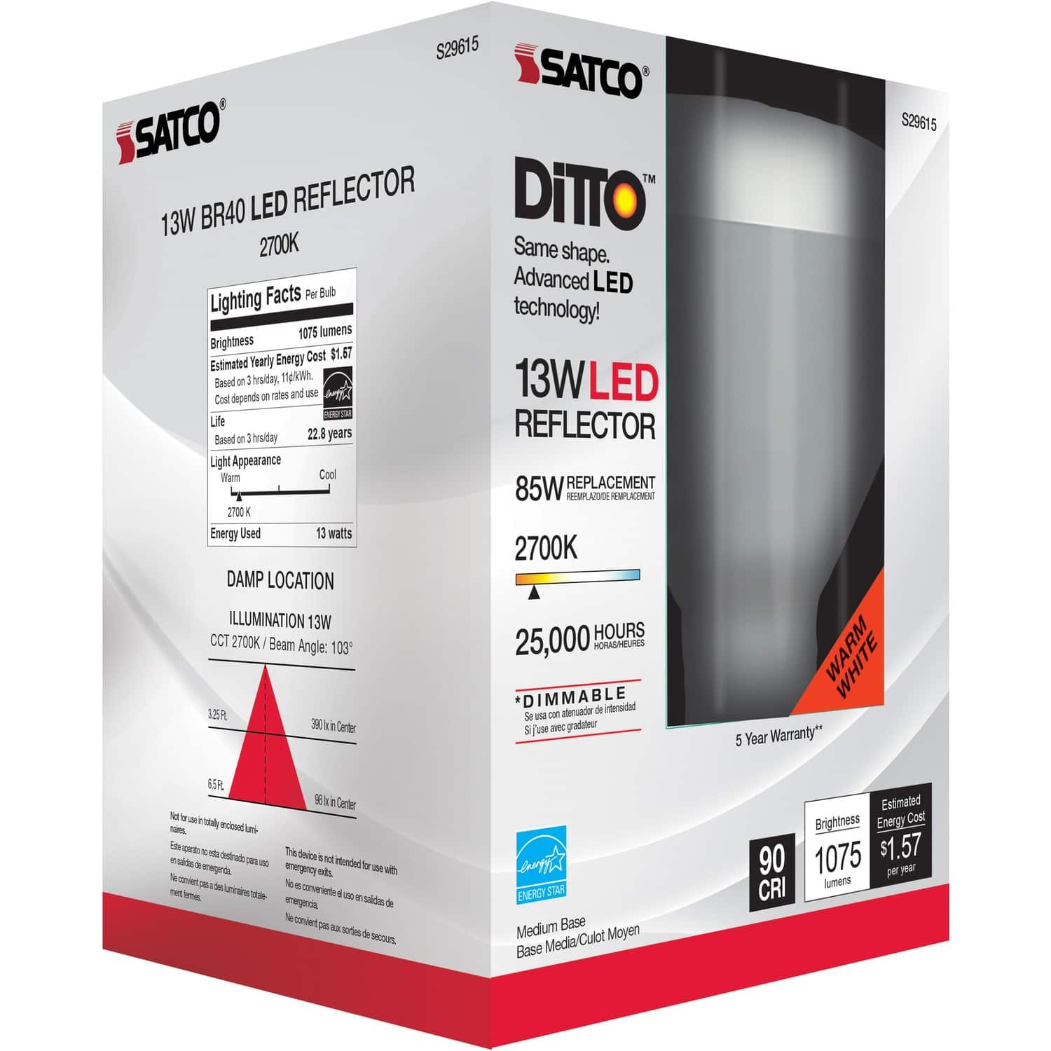 SATCO - 13W BR40 2700K LED Bulb 13 W V AC 1075 Frosted Warm White E26 Base 25000 Hour 2700K 95 CRI 103 Beam Angle D 1 Each price history on PriceWatchPro