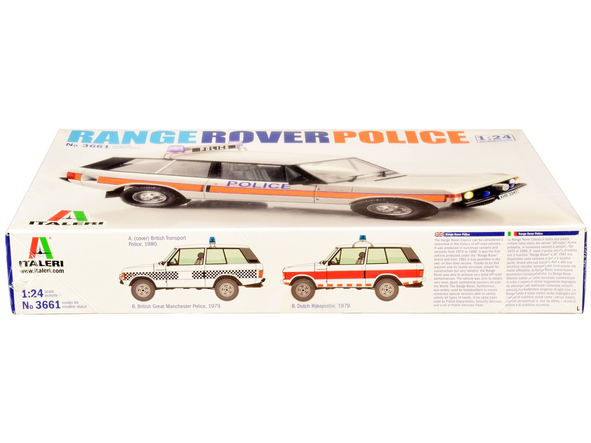 **RANGE ROVER POLICE**

**1:24**

**No 3661**

**ITALERI**

**www.italeri.com**

**1:24 scale model kit**

**A. (cover) British Transport Police, 1980.**

**B. British Great Manchester Police, 1979.**

**C. Dutch Rijkspolitie, 1979.**

---

**Range Rover Police**

The Range Rover Classic can be considered a milestone in the history of off-road vehicles. From 1970 to 1996, it was the first vehicle to be produced in large numbers and in 1981 was available in the market. The Range Rover was able to achieve very good off-road performances. The vehicle was able to obtain numerous special versions, able to satisfy the needs of Police Departments, Security Services and a lot of Public Services Fleet.

La Range Rover Classic è stata una pietra miliare nella storia dei veicoli off-road. Dal 1970 al 1996, è stato il primo veicolo a essere prodotto in serie e disponibile nel mercato. La Range Rover è stata in