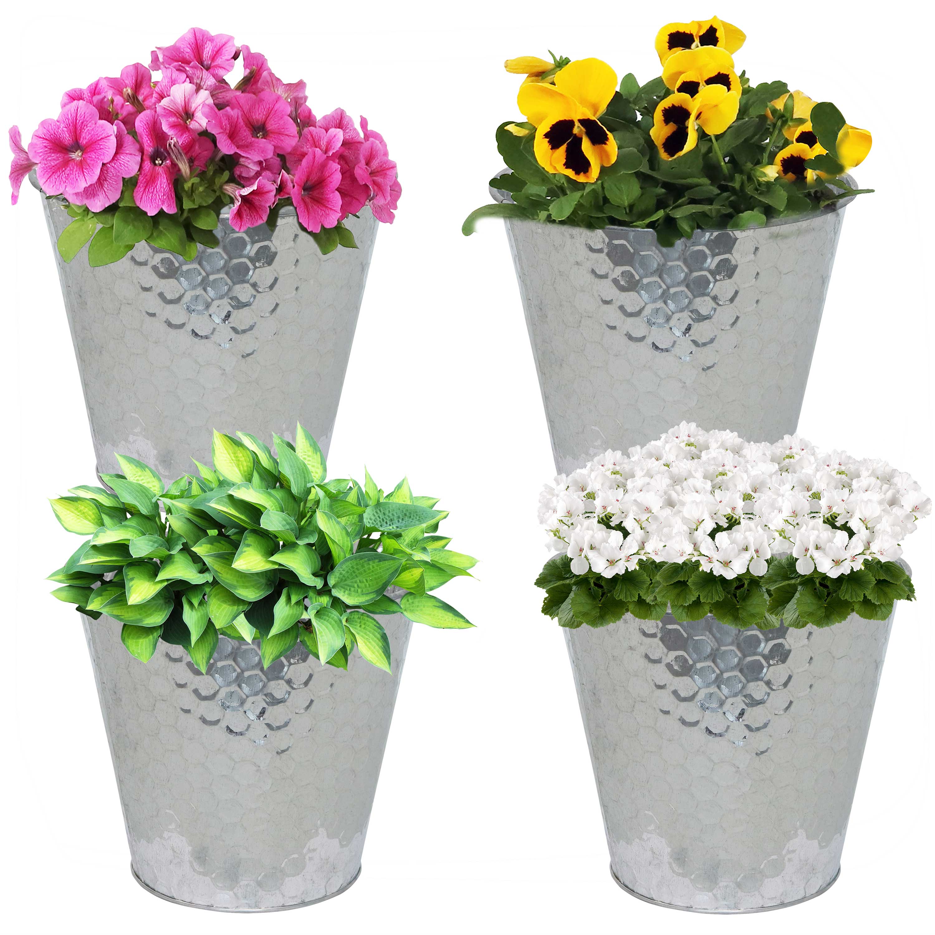Alt View 5. Sunnydaze - Galvanized Steel Planters with Hexagon Pattern - Set of 4 - Metallic.