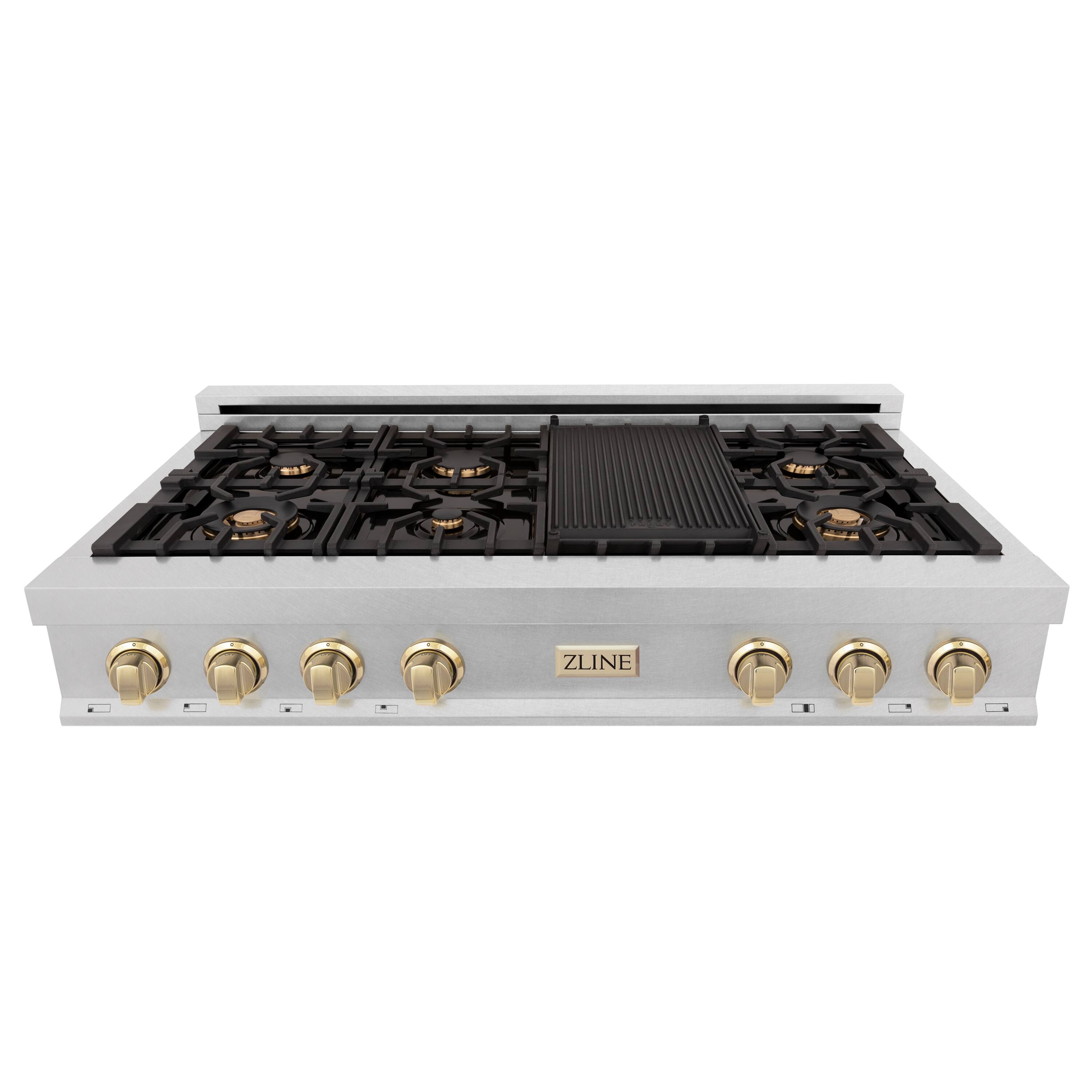 Alt View 1. ZLINE - Autograph 48 in. Legacy Gas Rangetop with 7 Burners and Porcelain Cooktop in Satin Stainless with Polished Gold Accents - Satin Stainless Steel.