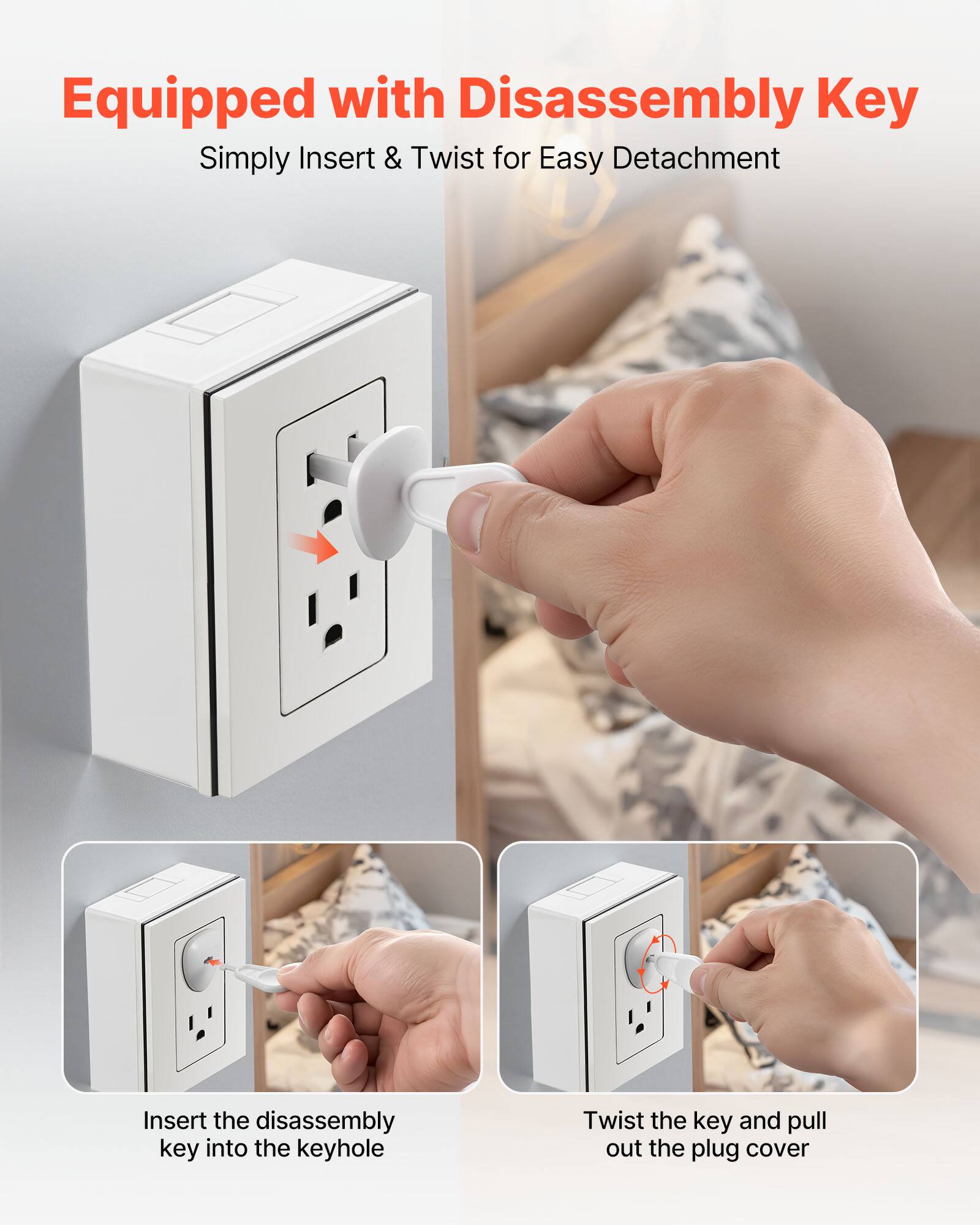 Equipped with Disassembly Key  
Simply Insert & Twist for Easy Detachment  

Insert the disassembly key into the keyhole  

Twist the key and pull out the plug cover