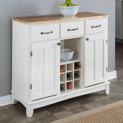Front. Hivvago - Natural Wood Top Kitchen Island Sideboard Cabinet Wine Rack in White - White, Natural.