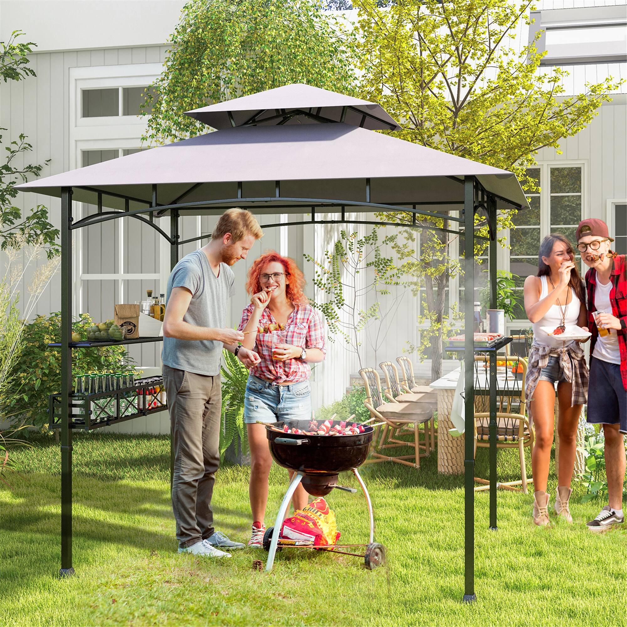 Alt View 3. Gymax - Gymax 8 x 5 FT BBQ Grill Gazebo w/ 2 Side Shelves Storage Basket Hanging Hooks Outdoor - Grey, Black.