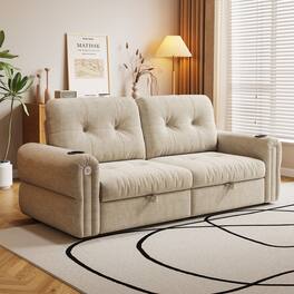LUCKY ONE - 77" 2-in-1 Convertible Sofa with USB Charging Port and Dual Armrest Cup Holders - Beige