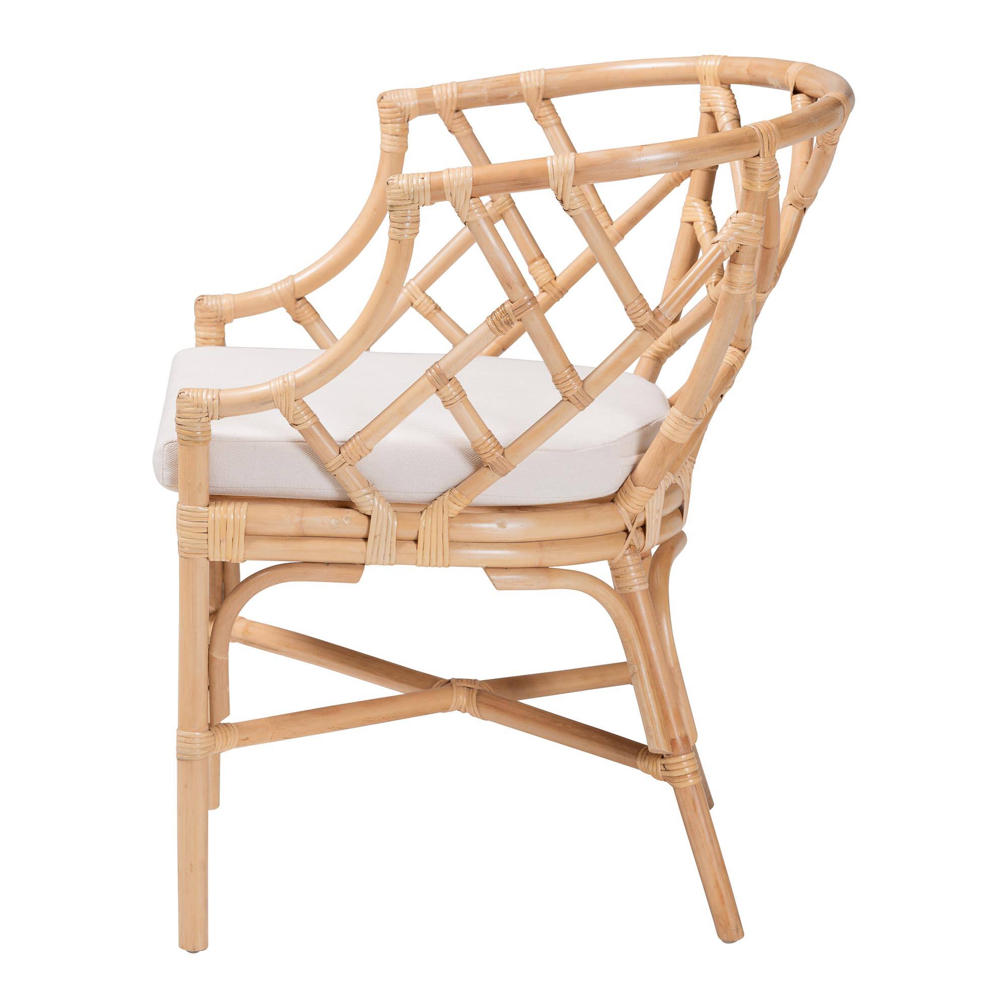 Left. bali & pari - Padma Natural Rattan Dining Chair - Handwoven Barrel Accent Chair with Bamboo-Style Frame and Lattice Detail - Natural.