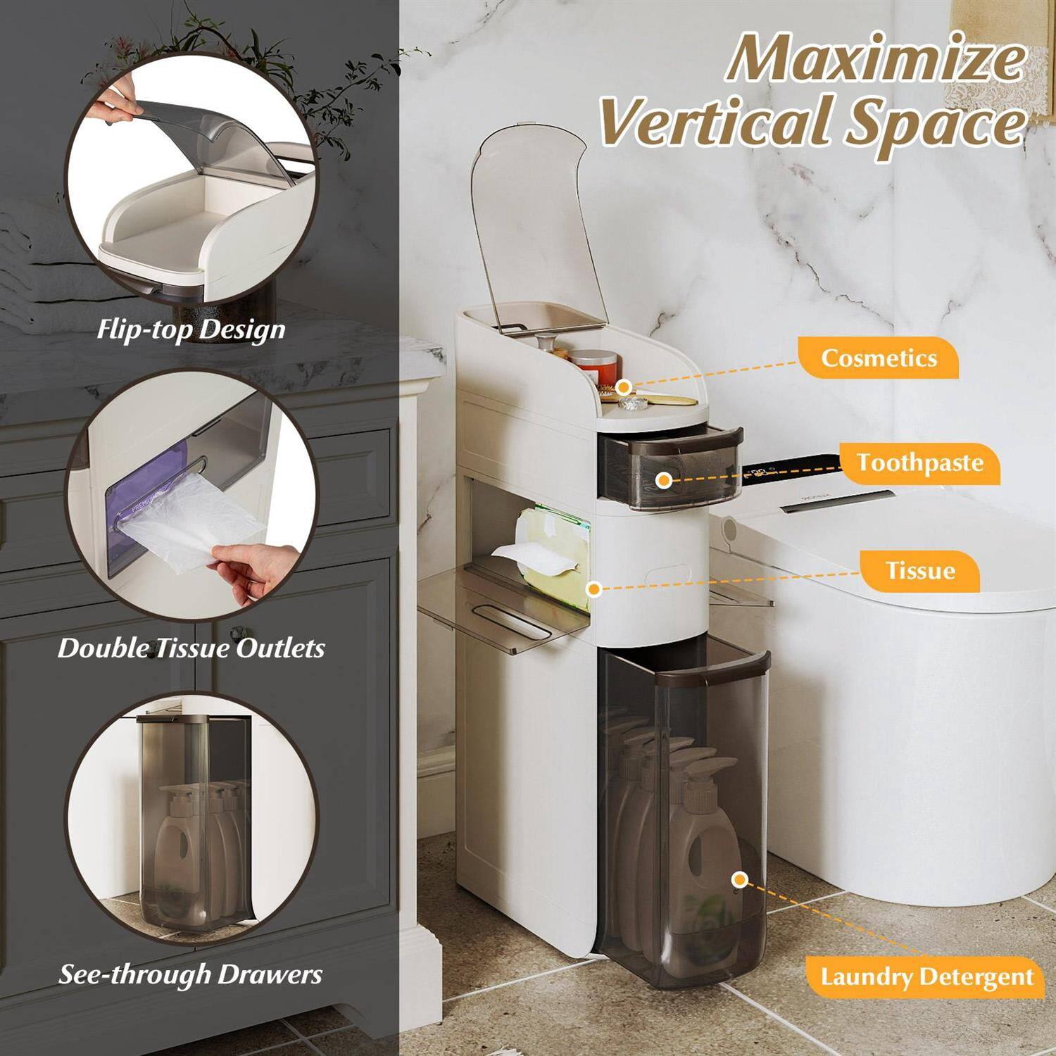 Maximize Vertical Space  
Flip-top Design  
Cosmetics  
Toothpaste  
Double Tissue Outlets  
Tissue  
See-through Drawers  
Laundry Detergent