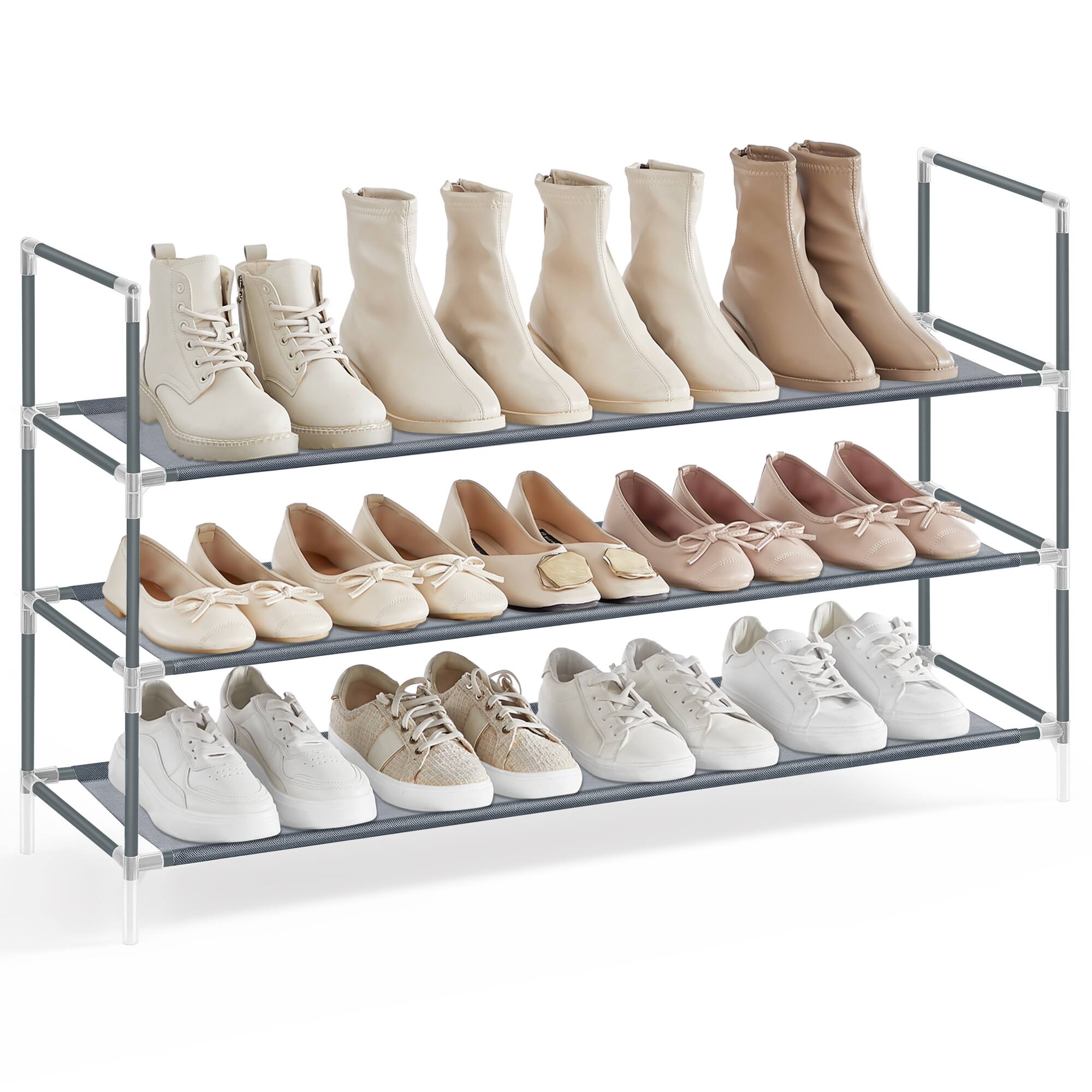 Front. Songmics Home - 3-Tier Shoe Rack, Shoe Storage for Hallway Closet, Slim and Space-Saving, Metal Frame, Non-Woven Fabric Shelves - Dove Gray.