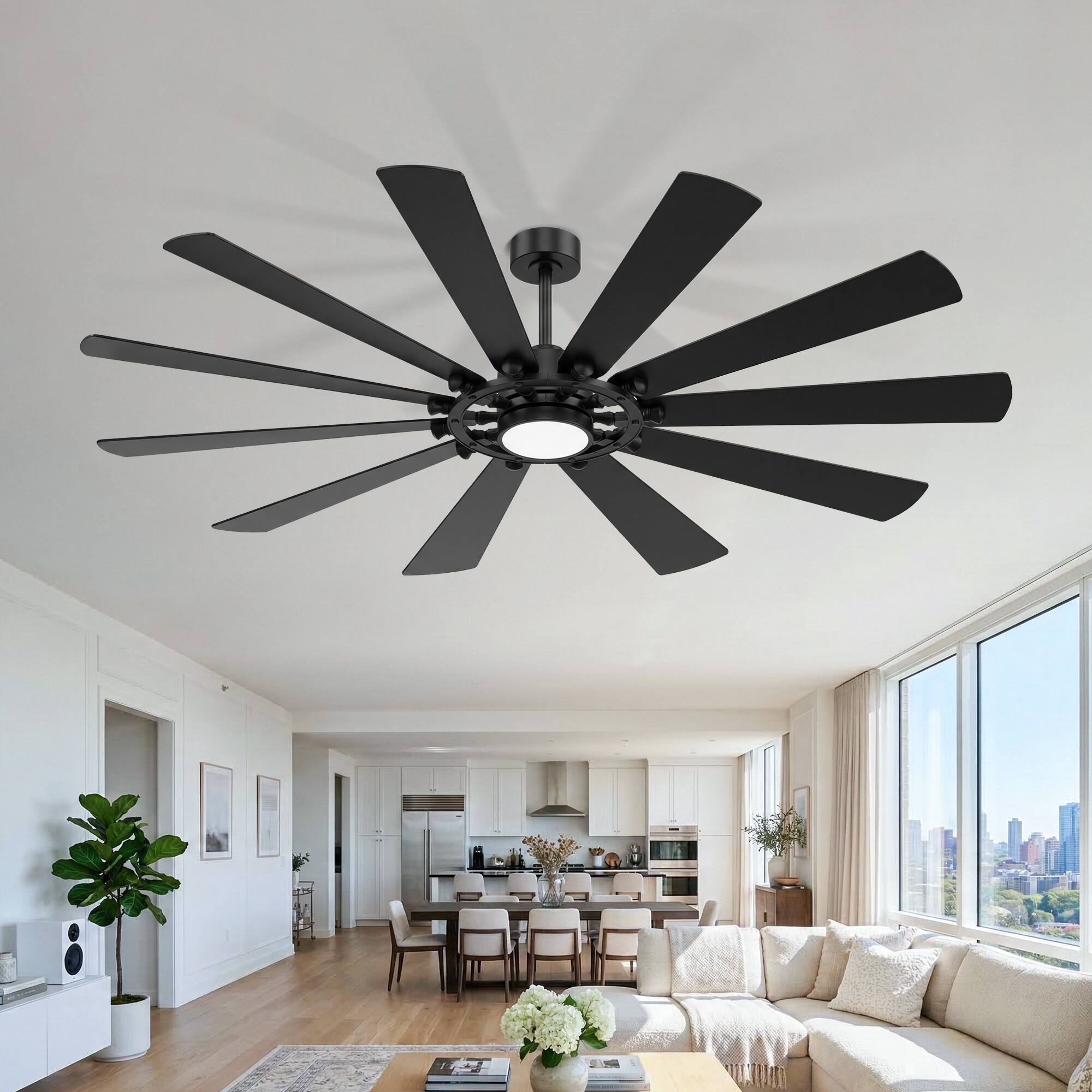 Angle. Breezary - 62-Inch Large Ceiling Fan with 10 Plywood Blades, DC Motor, 6-Speed Remote, Tri-Color Dimmable LED, Dual Downrods - Matte Black.
