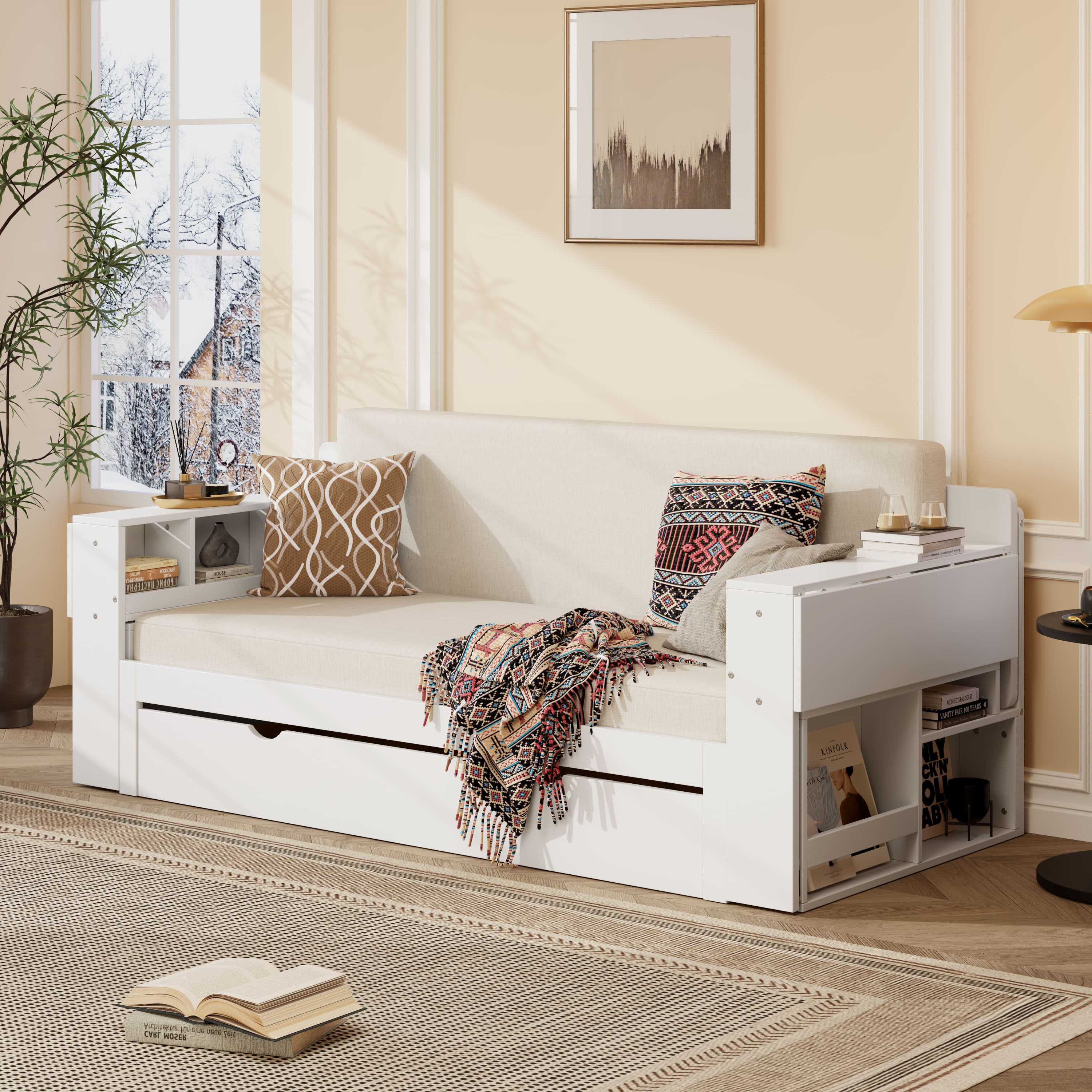 Anysun - Queen Size Daybed with Removable Desk, Storage Drawers & Hydraulic Side Table - White
