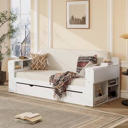 Anysun - Queen Size Daybed with Removable Desk, Storage Drawers & Hydraulic Side Table - White