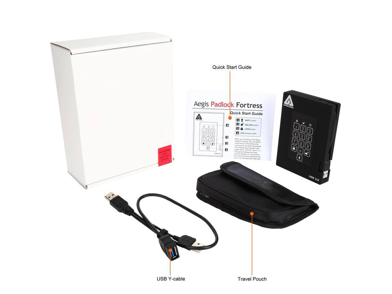 Quick Start Guide  
Aegis Padlock Fortress Quick Start Guide  

Aegis Padlock Fortress  
Quick Start Guide  

USB Y-cable  
Travel Pouch
