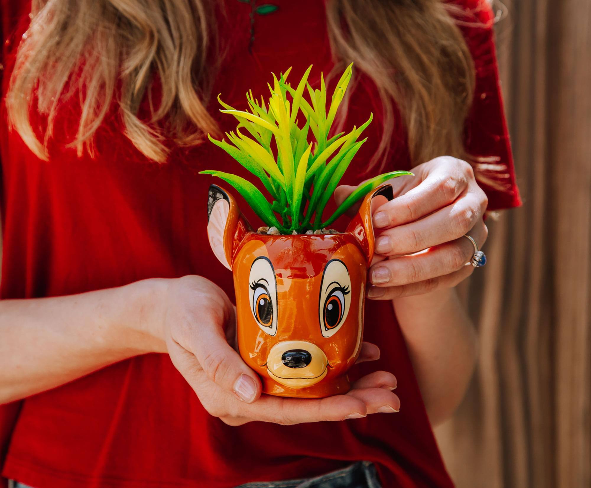 Alt View 1. Silver Buffalo - Disney Bambi 5-Inch Ceramic Mini Planter with Artificial Succulent - Brown.