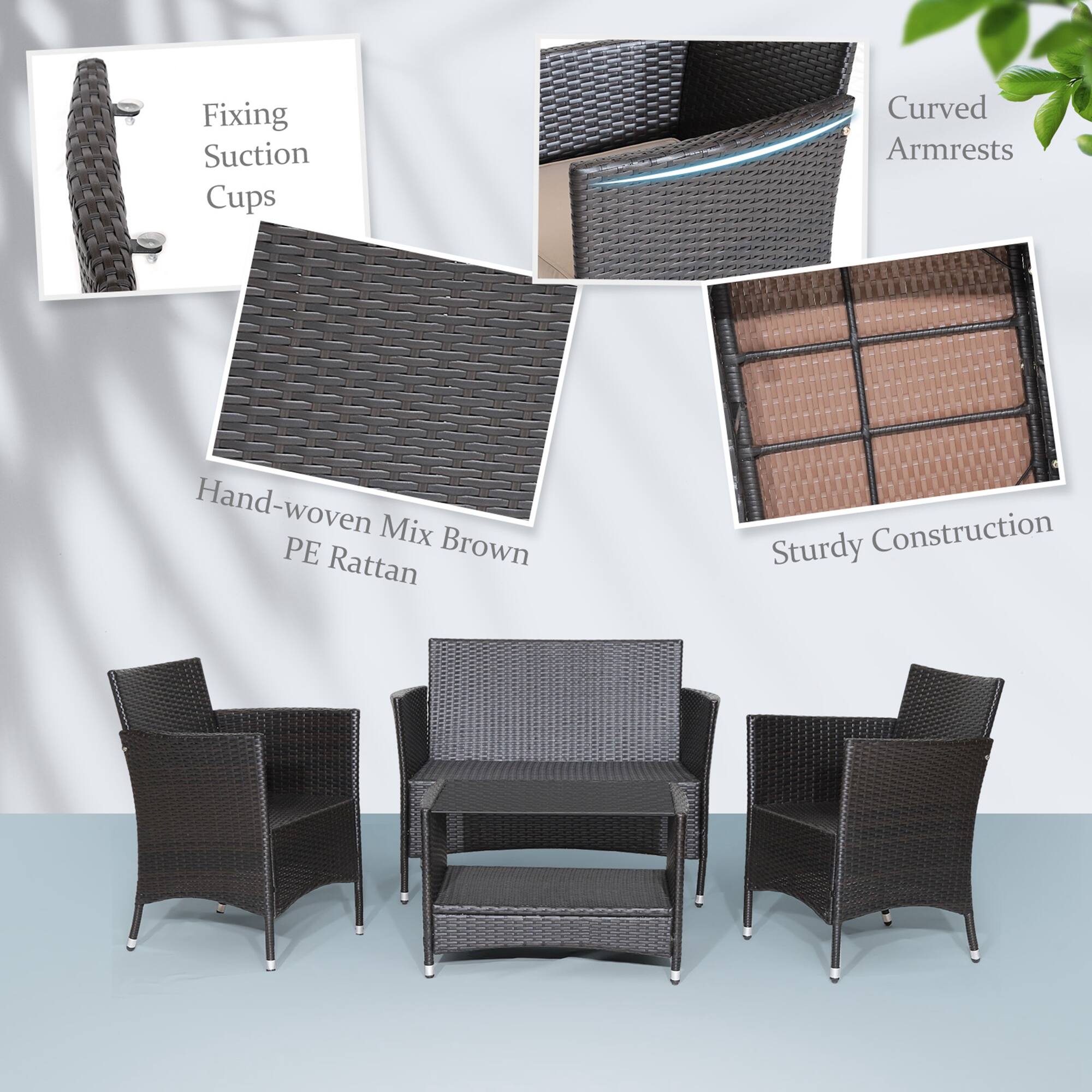 Fixing Suction Cups, Curved Armrests, Hand-woven Mix PE Rattan, Sturdy Construction