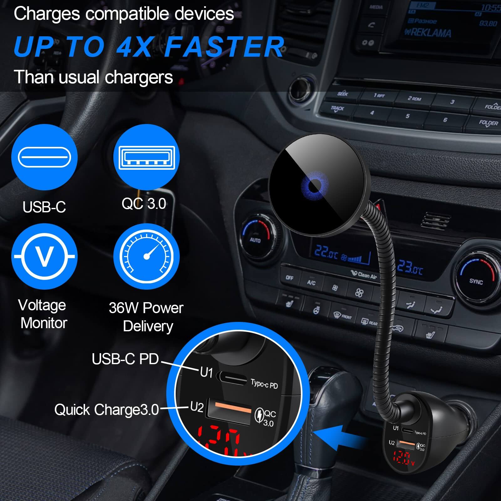 Charges compatible devices  
UP TO 4X FASTER  
Than usual chargers

- USB-C
- QC 3.0
- Voltage Monitor
- 36W Power Delivery
- USB-C PD
- Quick Charge3.0

U1  
Typc-c PD  
QC 3.0  
U2