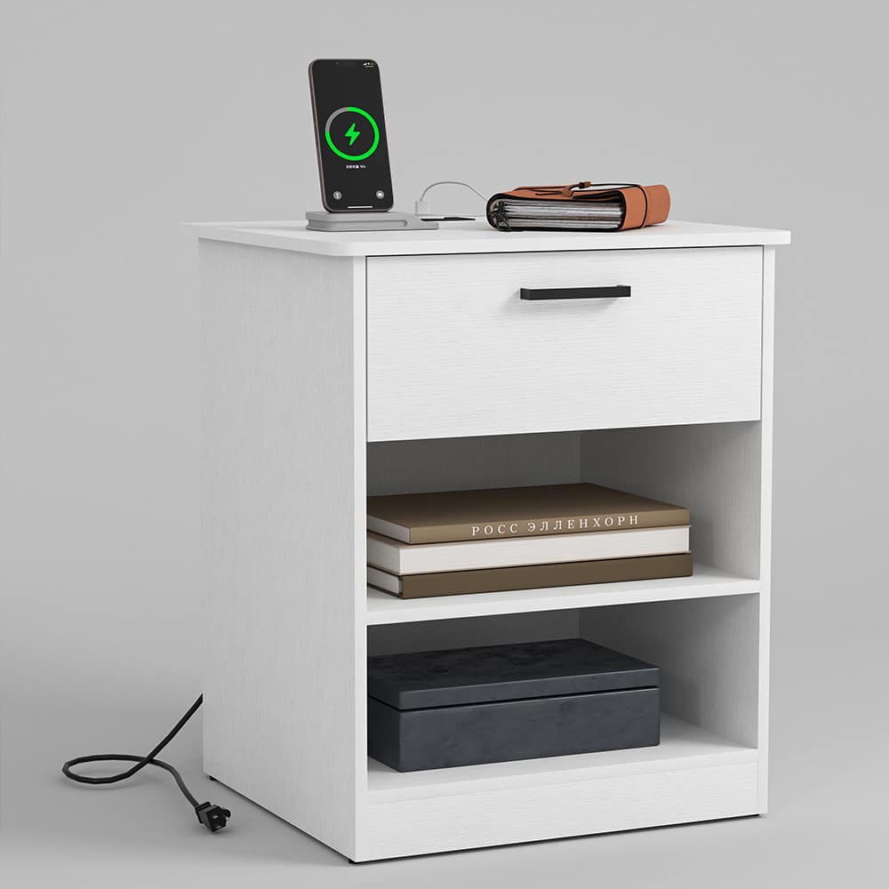 Spaco - Nightstand with Charging Station,2 USB,Type C,Drawer,Adjustable Shelf - White