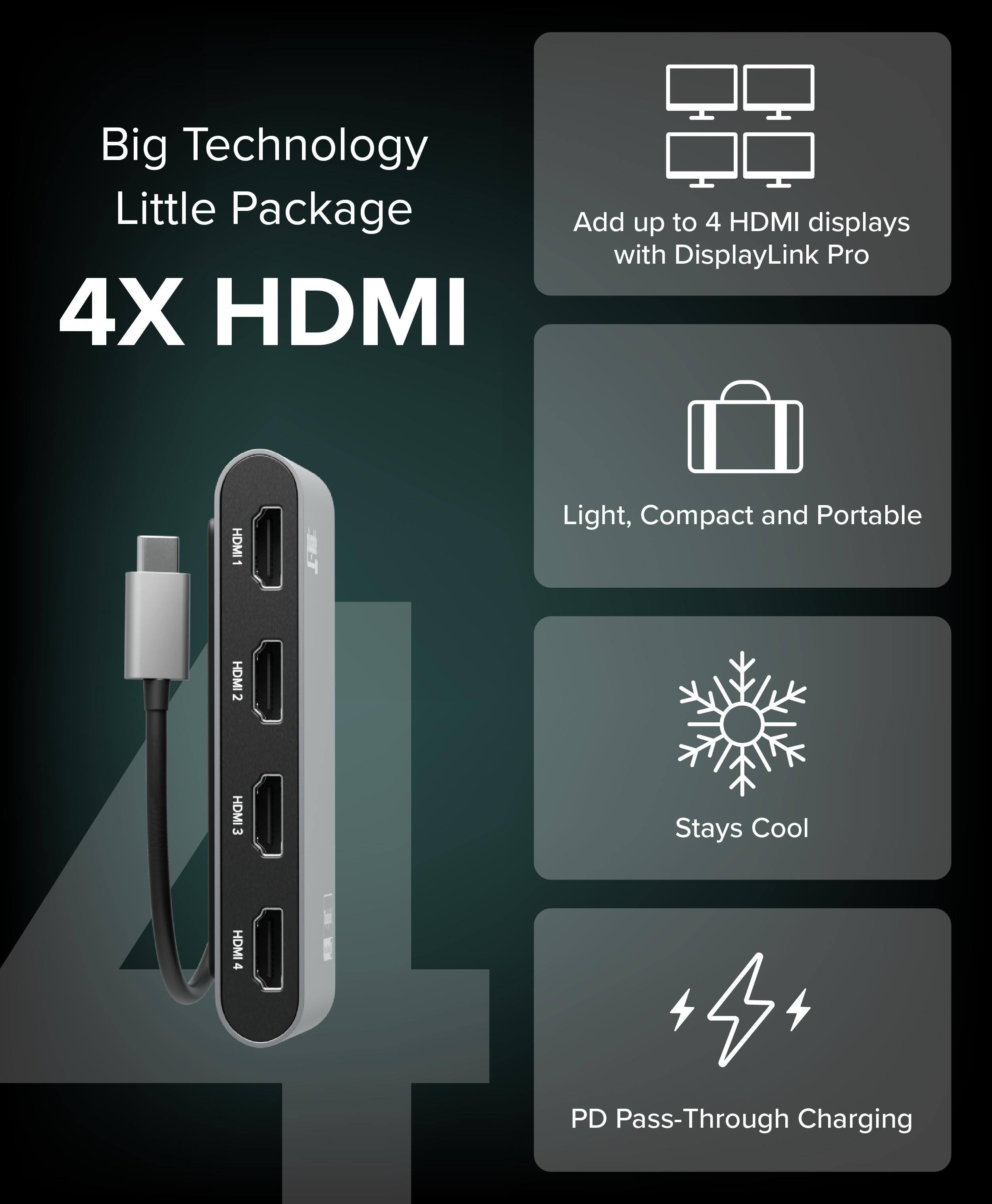 Big Technology Little Package 4X HDMI
Add up to 4 HDMI displays with DisplayLink Pro
HDMI1
Light, Compact and Portable
HDMI2
HDMI3
Stays Cool
HDMI4
PD Pass-Through Charging