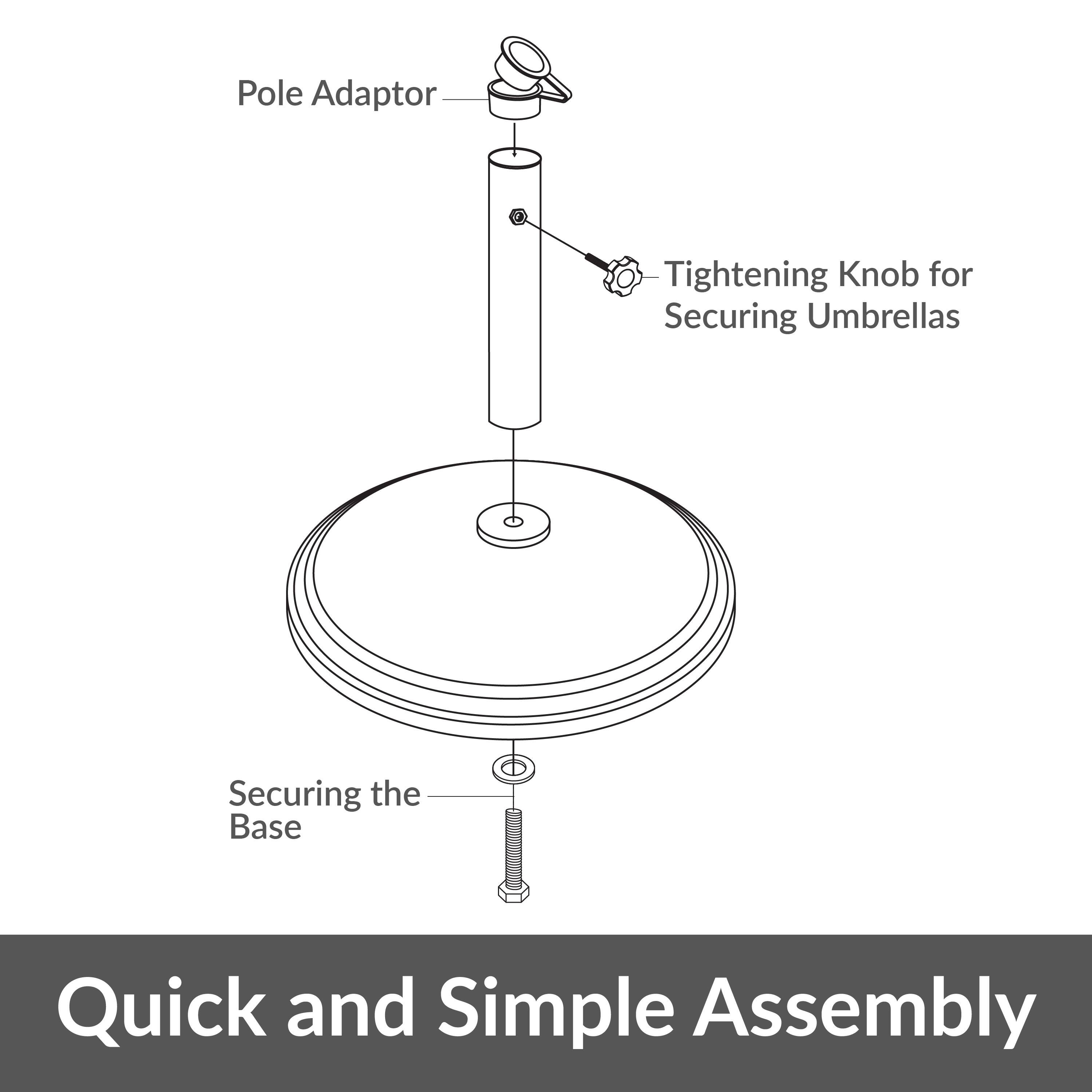 Pole Adaptor  
Tightening Knob for Securing Umbrellas  
Securing the Base  

Quick and Simple Assembly