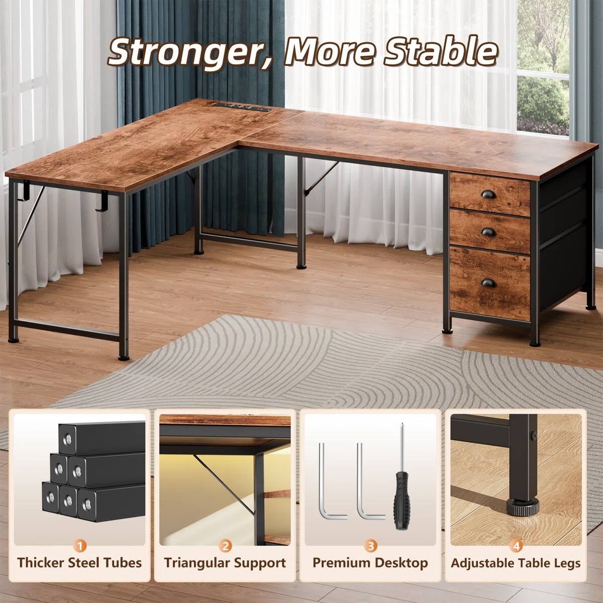 Stronger, More Stable

1. Thicker Steel Tubes
2. Triangular Support
3. Premium Desktop
4. Adjustable Table Legs