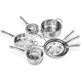Winado - 11-Pcs Stainless Steel Cookware Set with Frying Pans & Saucepans & Saute Pan & Stockpot & Glass Lids for Kitchen Cooking - Silver