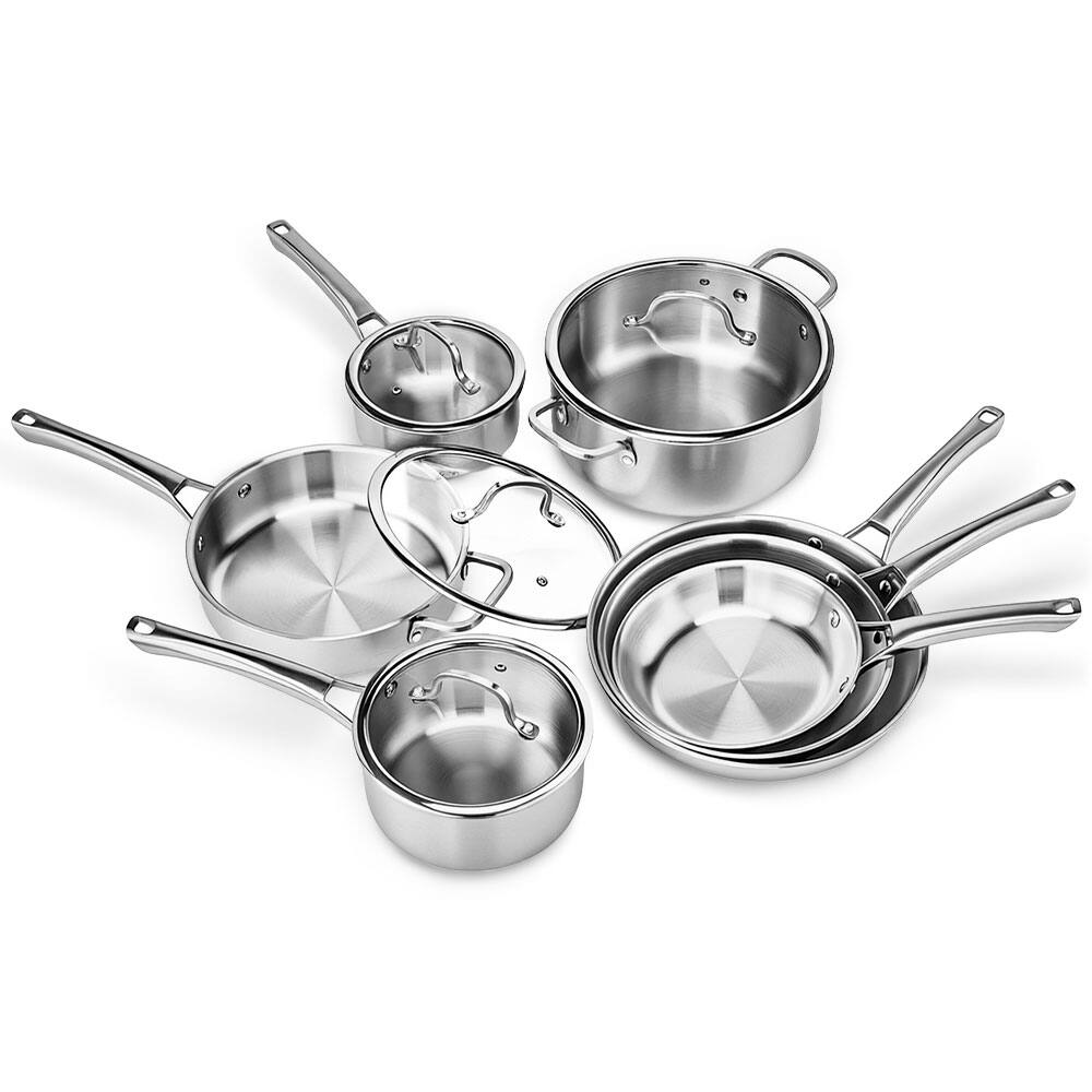 Front. Winado - 11-Pcs Stainless Steel Cookware Set with Frying Pans & Saucepans & Saute Pan & Stockpot & Glass Lids for Kitchen Cooking - Silver.