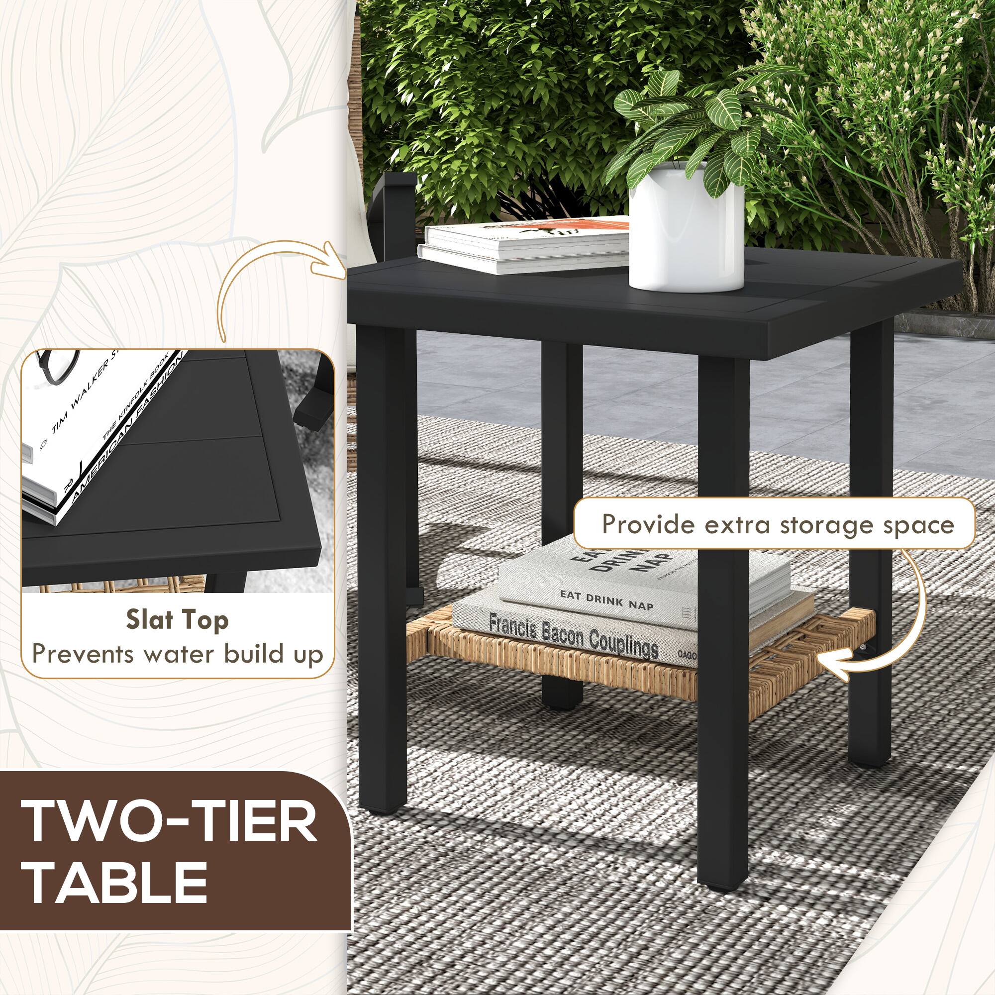 TWO-TIER TABLE, Slat Top Prevents water build up, Provide extra storage space, EAT DRINK NAP Francis Bacon Couplings