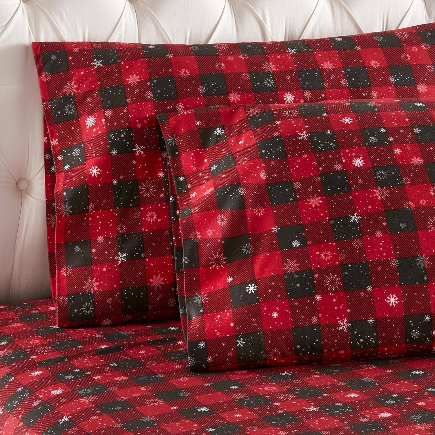 Left. Shavel Home Products - Shavel 100% Polyester Luxury Micro Flannel Printed Deep-Pocket Buffalo Check Snowflakes Sheet Set King Red - Red.