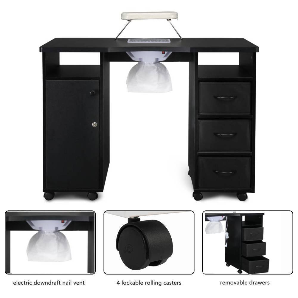 - Electric downdraft nail vent
- 4 lockable rolling casters
- Removable drawers