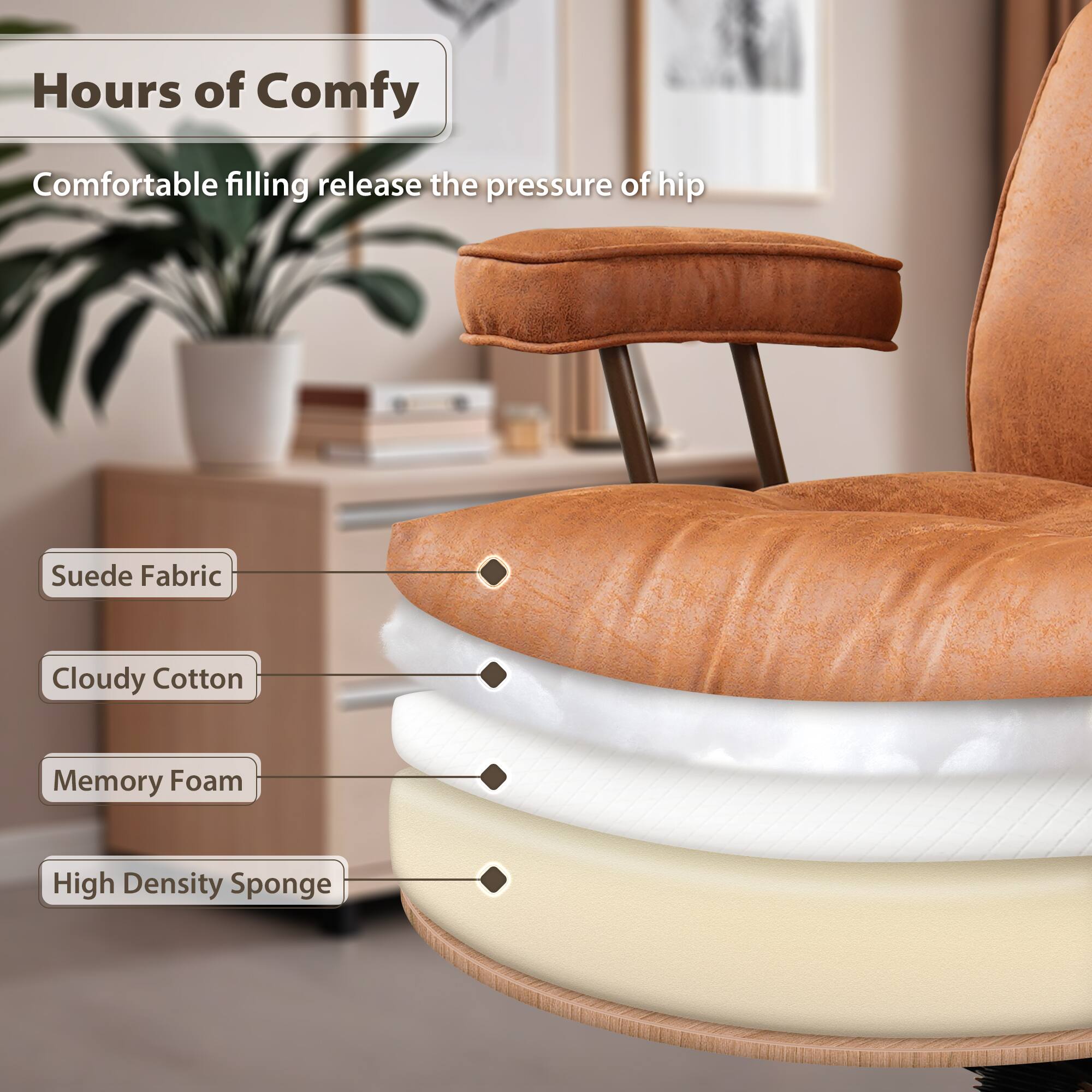 Hours of Comfy  
Comfortable filling release the pressure of hip  

- Suede Fabric  
- Cloudy Cotton  
- Memory Foam  
- High Density Sponge