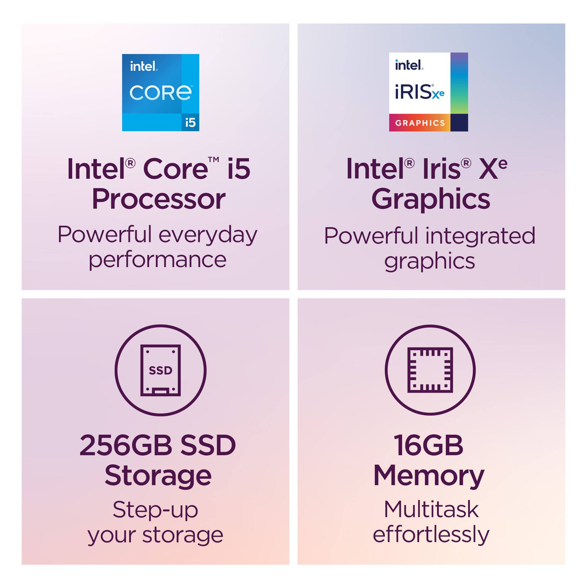 Intel Core i5 Processor  
Powerful everyday performance  

Intel Iris Xe Graphics  
Powerful integrated graphics  

256GB SSD Storage  
Step-up your storage  

16GB Memory  
Multitask effortlessly