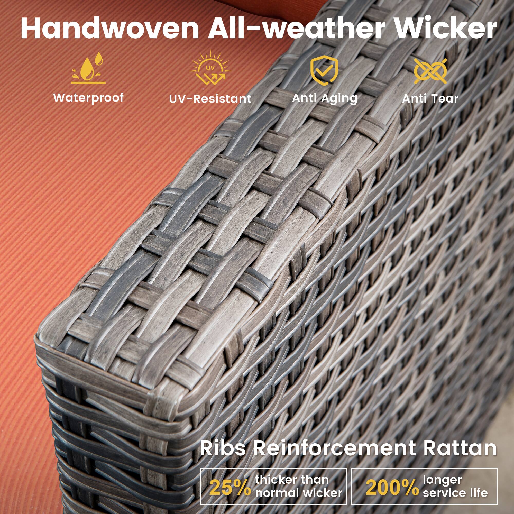 Handwoven All-weather Wicker  
- Waterproof  
- UV-Resistant  
- Anti Aging  
- Anti Tear  

Ribs Reinforcement Rattan  
- Thicker than normal wicker (25% thicker)  
- 200% longer service life