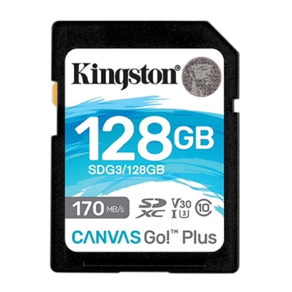 Kingston 128GB SDG3/128GB SD card with 170MB/s read and write speeds, 3-year warranty, and compatibility with Canvas Go! Plus.