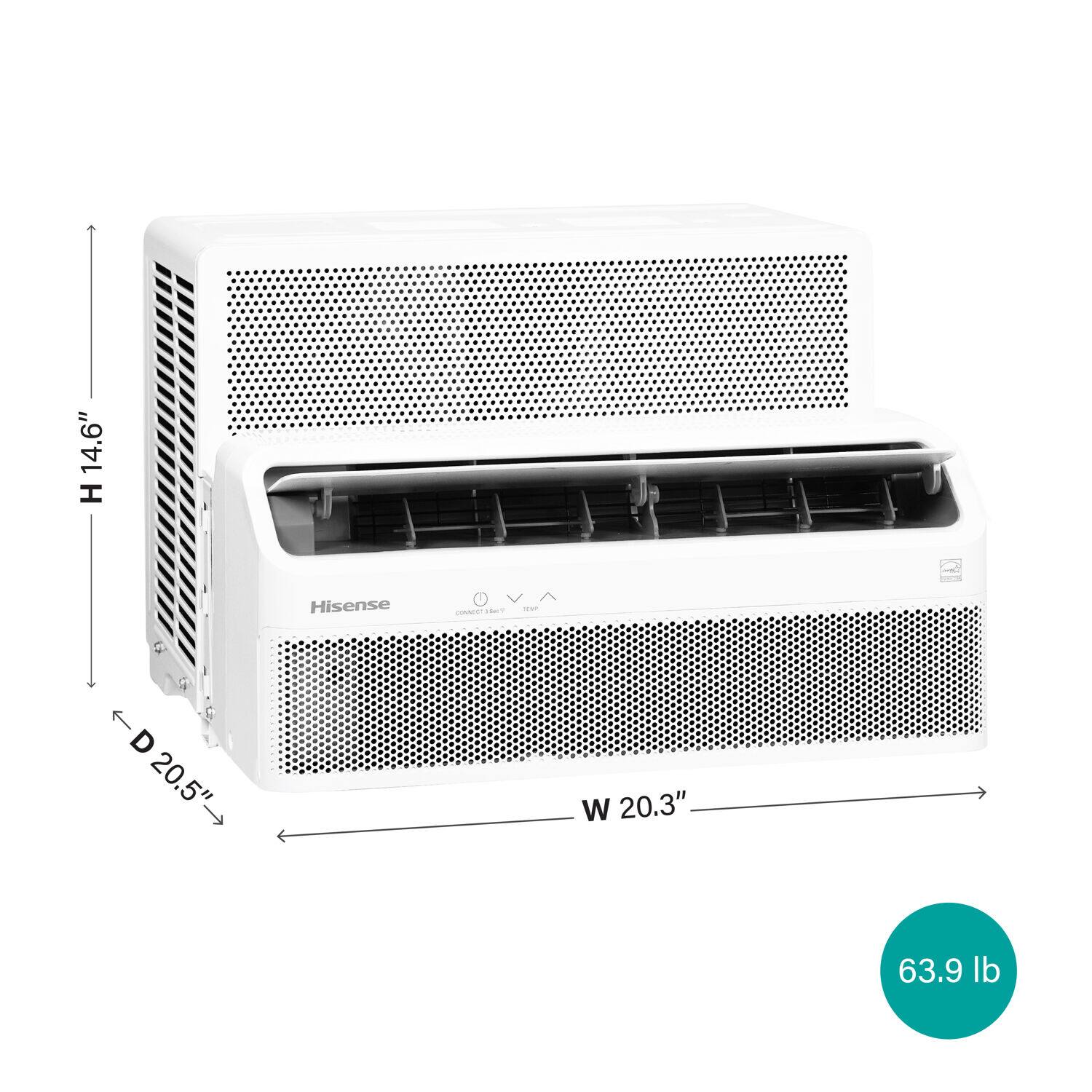 The text on the image reads: "14.6" H Hisense cost-effective T - < D 20.5" W 20.3" 63.9 lb." The corrected text would be: "14.6" H Hisense cost-effective T - < D 20.5" W 20.3" 63.9 lb."