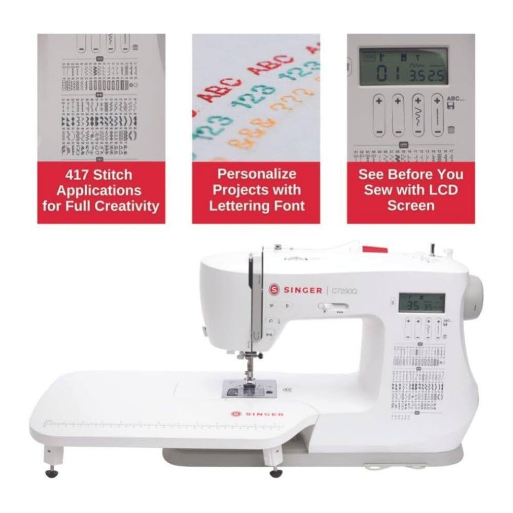 AD BC 123  
I  
ABC 123 ?23  
() 123  
417 Stitch Personalize Applications Projects with for Full Creativity Lettering Font  
M T 0 I 3.5 2.5 ABC...  
See Before You Sew with LCD Screen  
S SINGER C72900  
35 I =  
K) SINGER