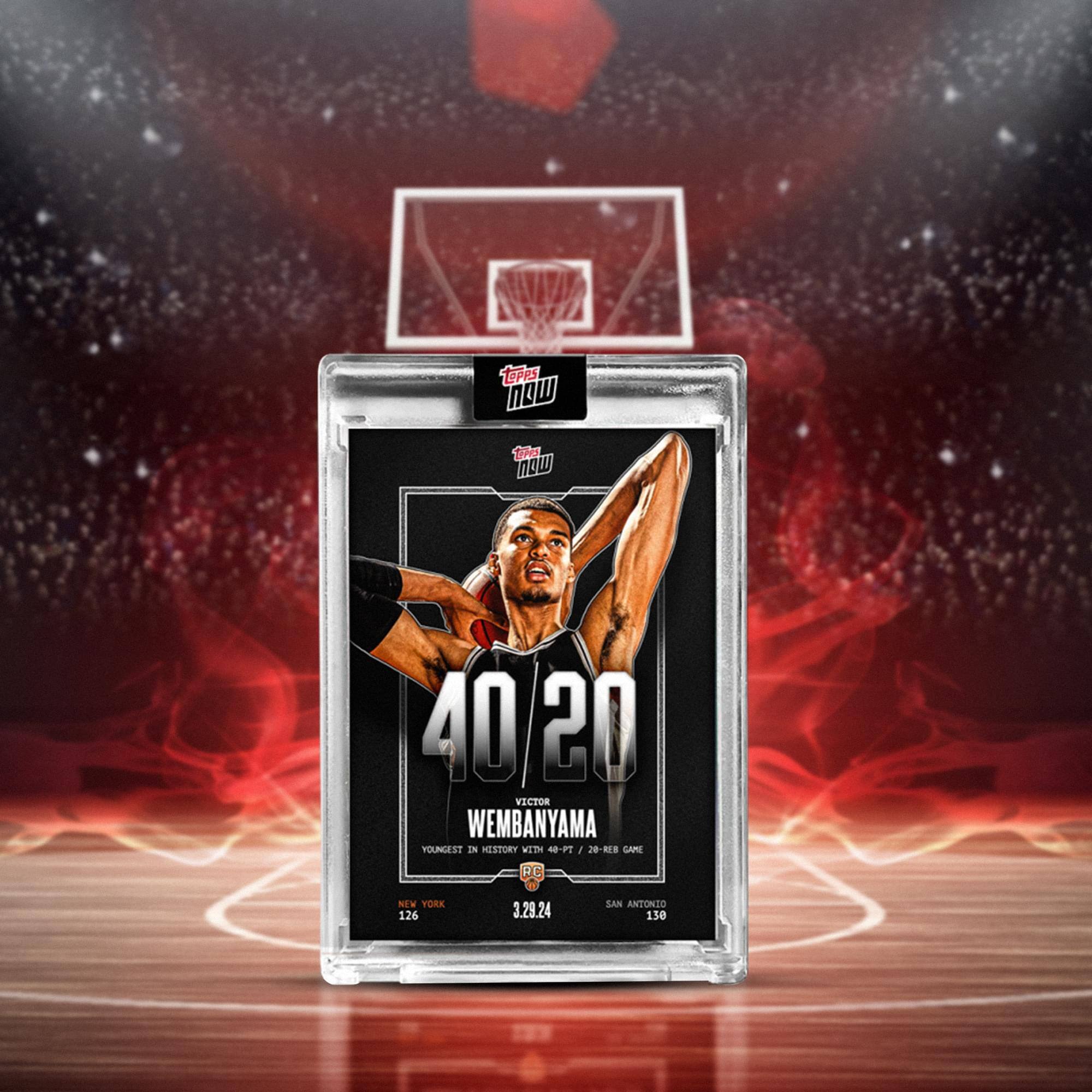 Sure, here is the corrected and grouped text from the image:

---

**Topps NOW**

**40/20**

**WEMBANYAMA**

**VICTOR**

**YOUNGEST IN HISTORY WITH 40-PT / 20-REB GAME**

**NEW YORK**

**126**

**SAN ANTONIO**

**130**

**3.29.24**

---

This text is from a basketball card featuring Victor Wembanyama, highlighting his achievement of being the youngest player in history with a 40-point, 20-rebound game.