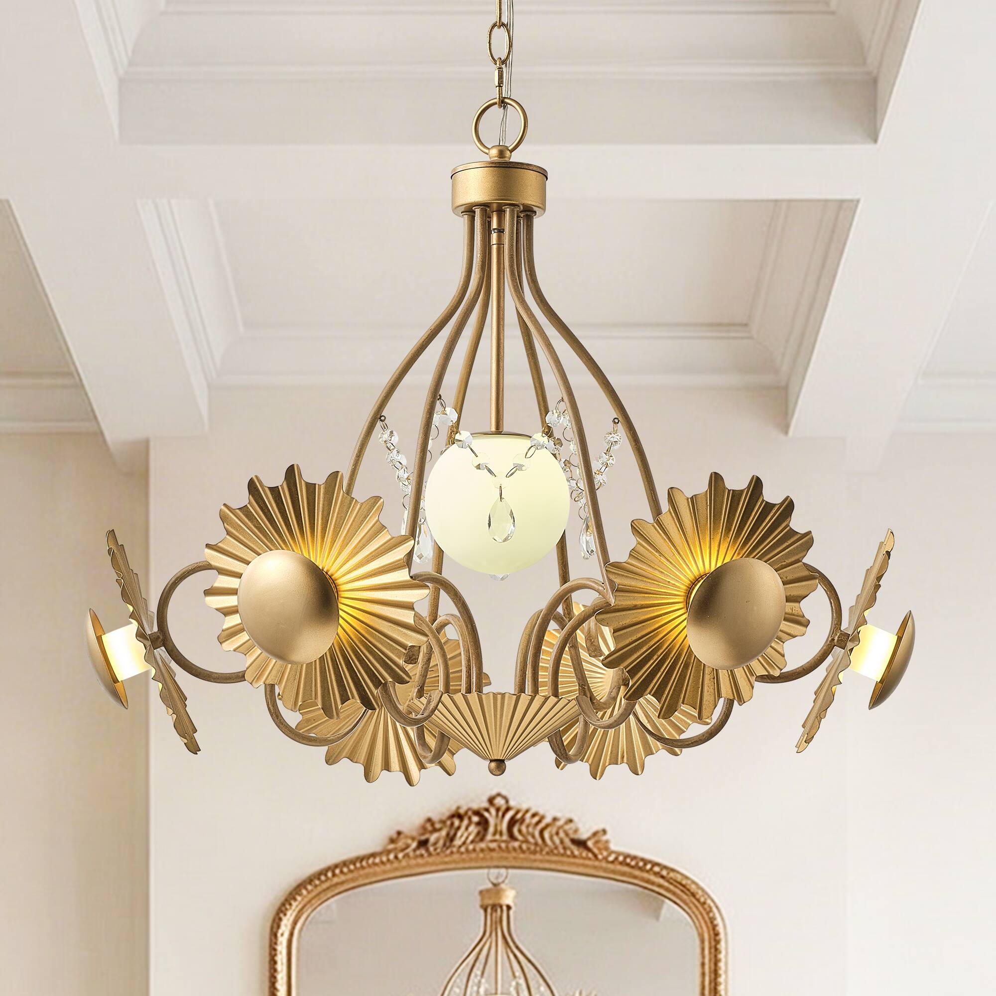 Alt View 1. Parrot Uncle - 26" Antique Gold Mid-Century Glam Sunburst LED Chandelier with Frosted Glass Globes - Gold.