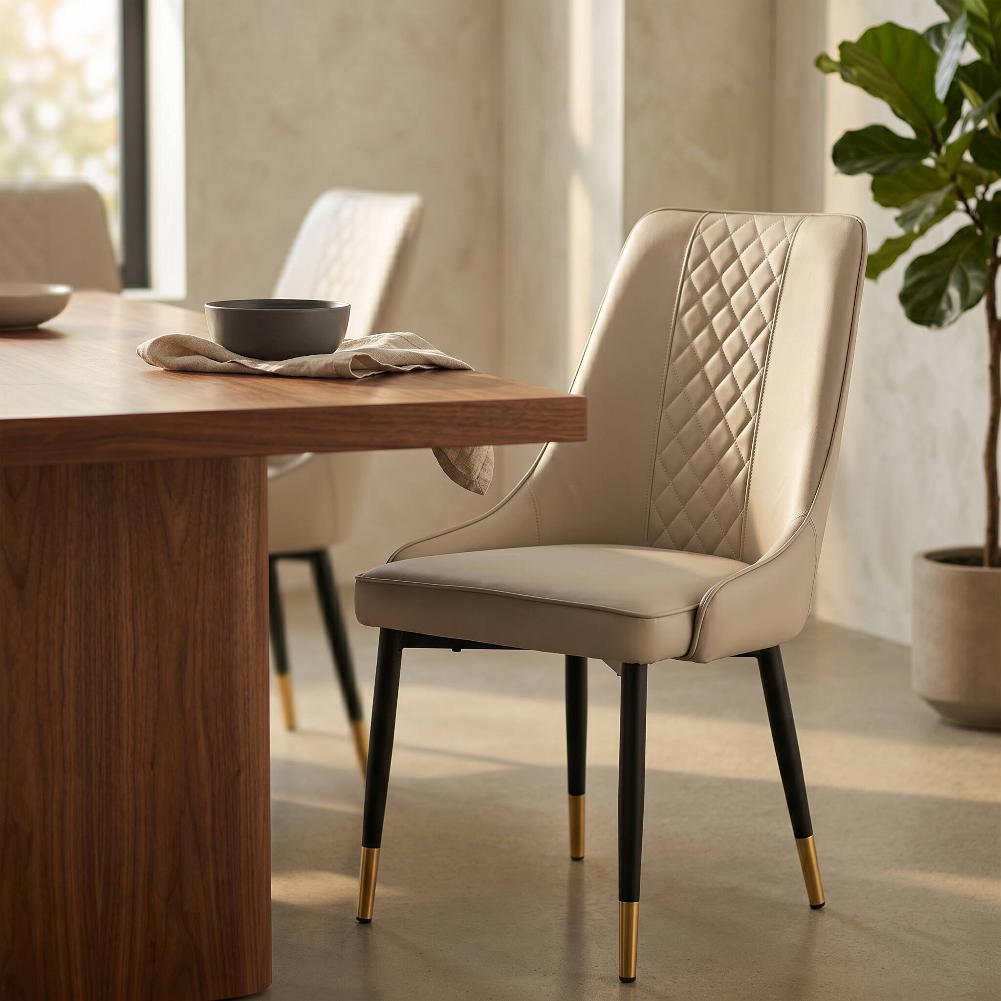 Angle. LeisureMod - Allure Diamond-Tufted PU Leather Dining Chair, Black Steel Legs with Gold Accents, Padded Accent Chair - Light Taupe.
