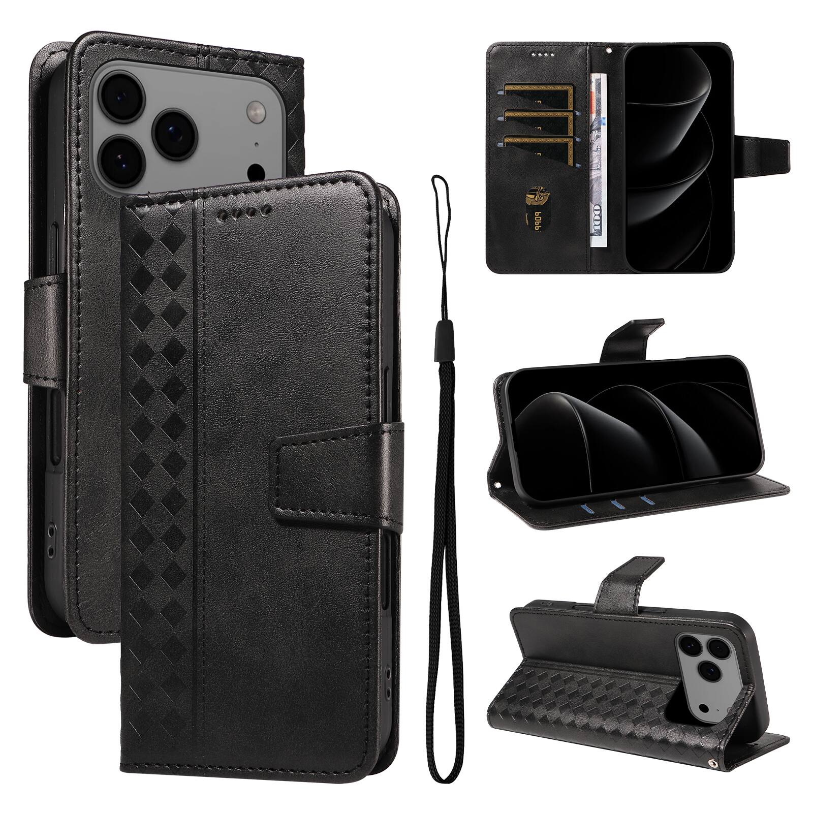 Front. Dteck - Magnetic Wallet Pocket Case For iPhone 17 Pro Max, Shockproof Faux Leather Card Pocket Wrist Strap Cover - Black.