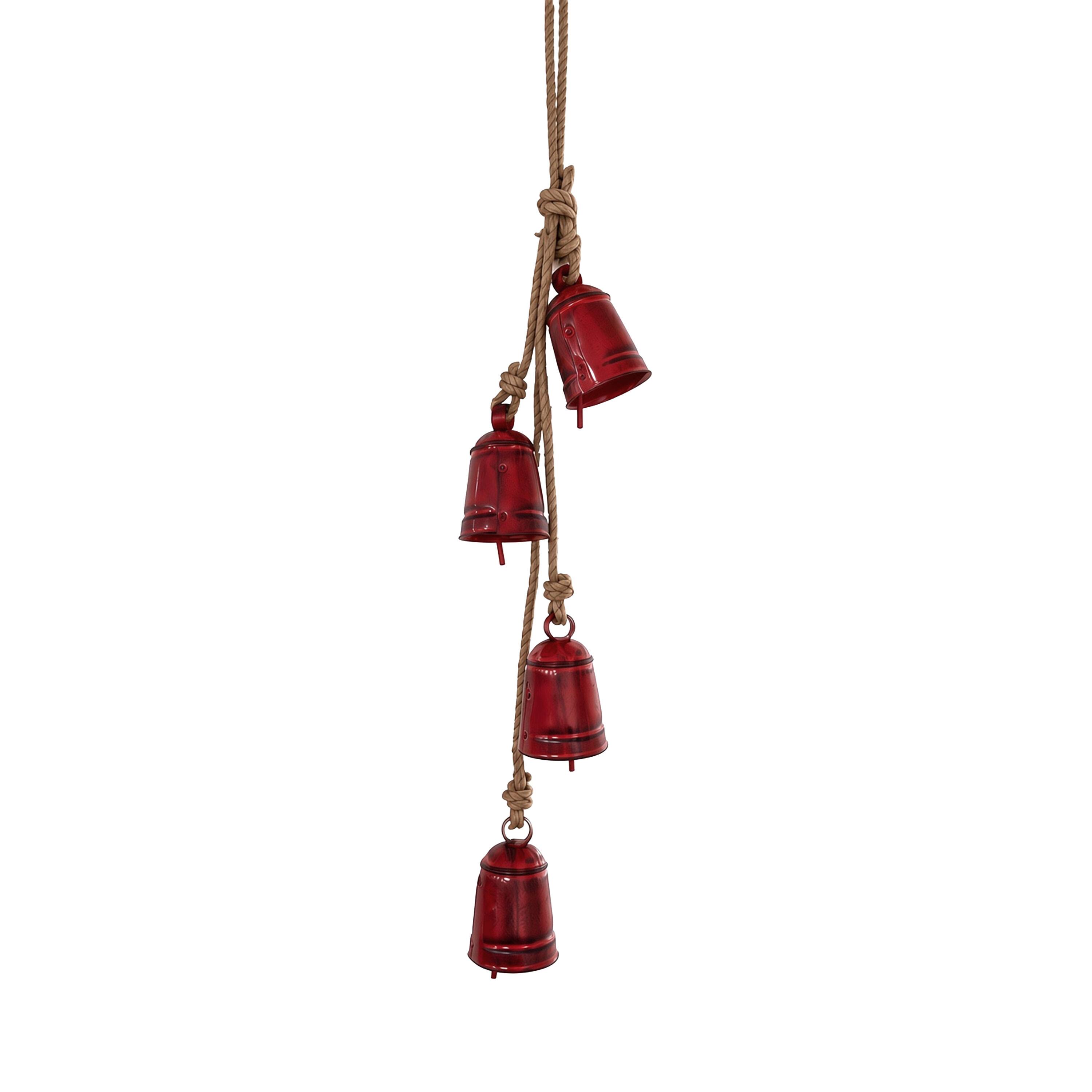 Front. Manhattan Lane - 27 Inch Decorative Wind Chime, 4 Cascading Cow Bells, Jute Rope, Boho Rustic Style - Antique Red, Natural Brown.